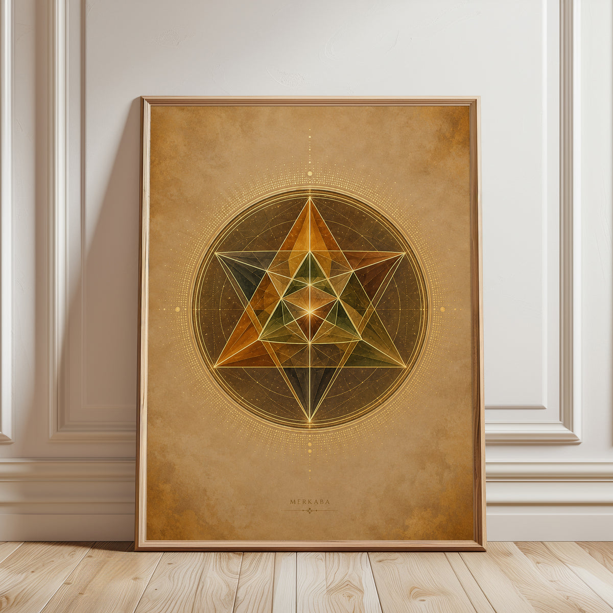Merkaba Sacred Geometry Wall Art: Golden Star Mandala Design - framed detail
