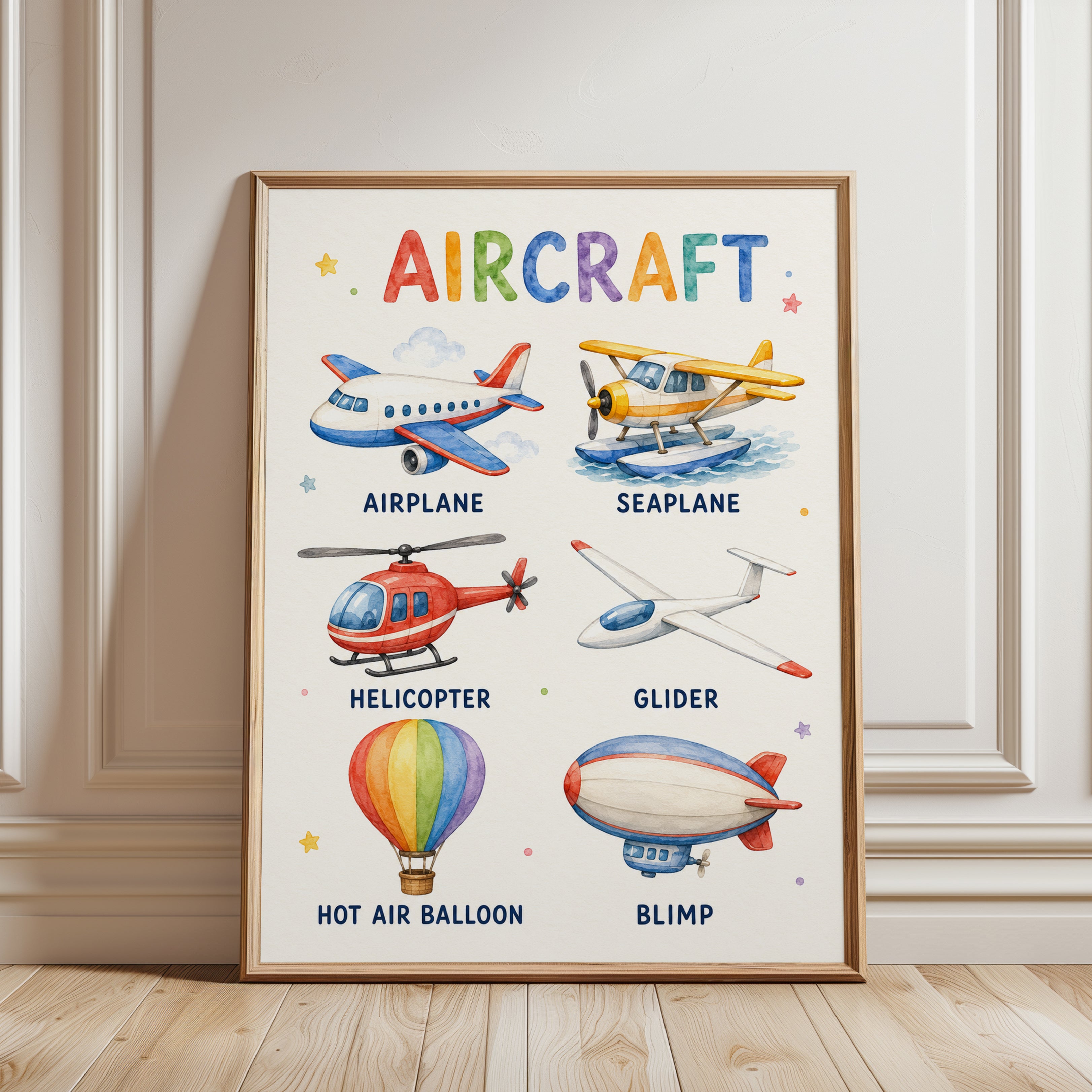 Watercolor Aircraft Print: Educational Airplane Art for Kids’ Rooms - framed detail