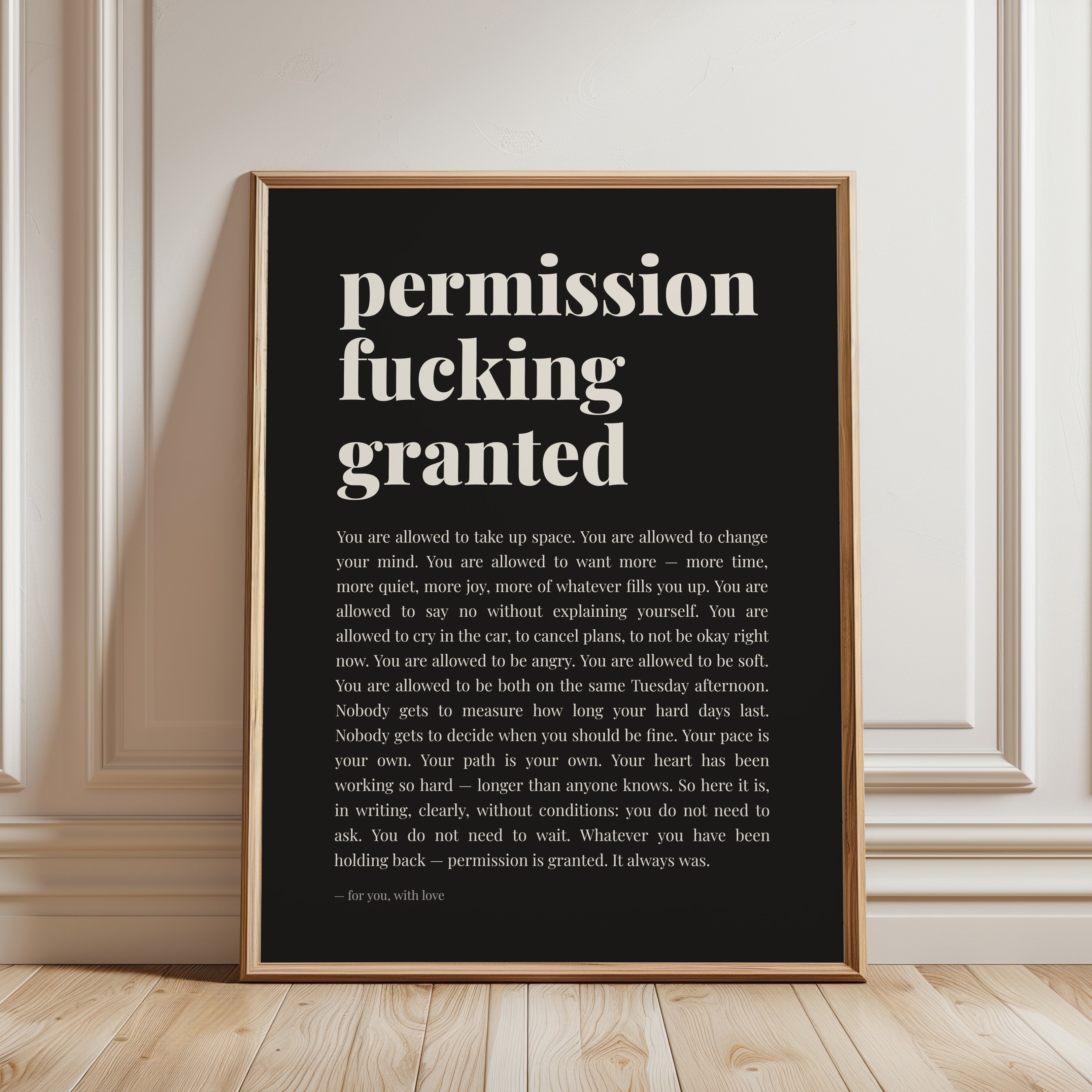 Permission Granted Print – Self Love Wall Art - framed detail