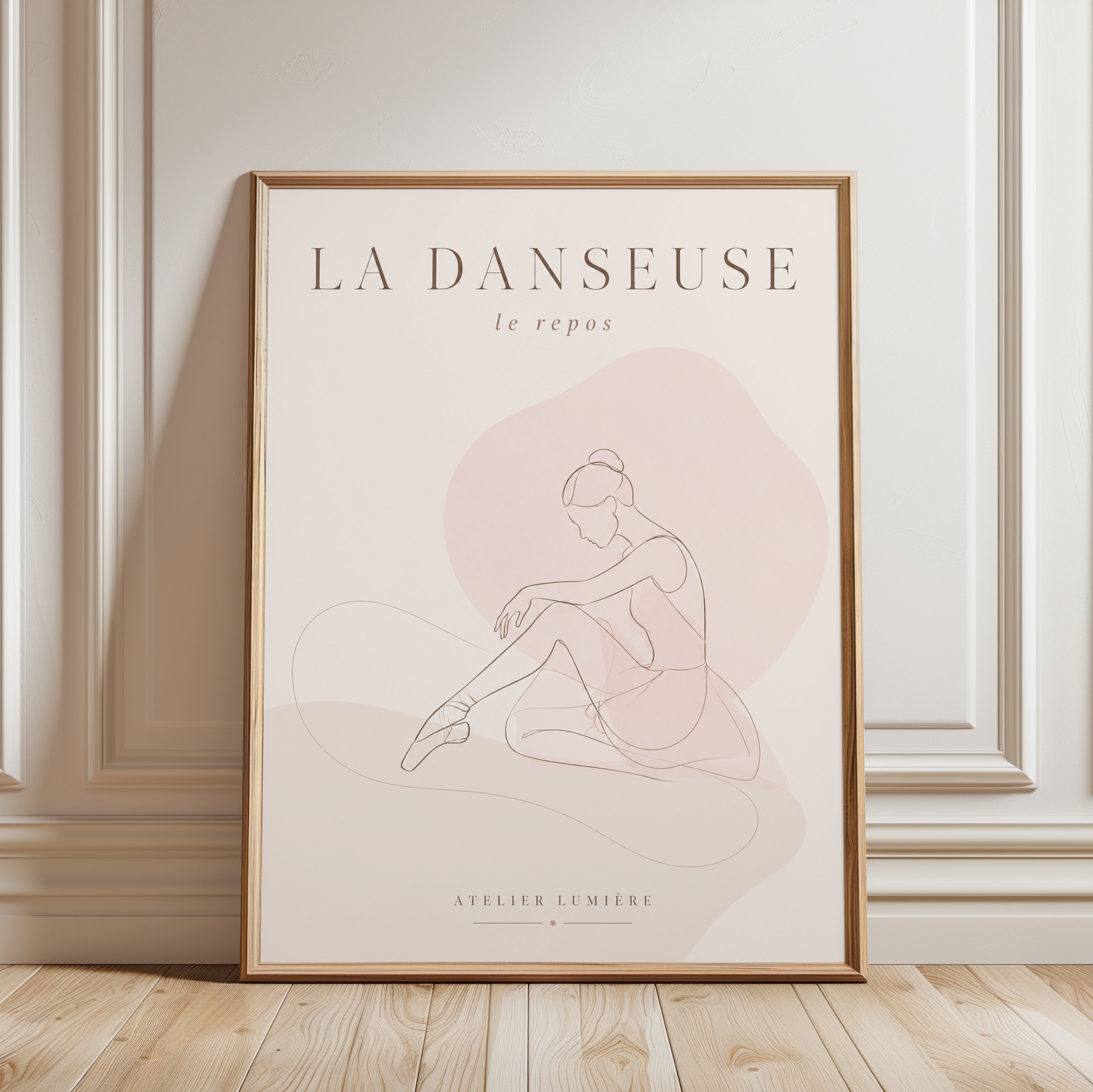 La Danseuse Ballet Print: Minimalist Line Art in Blush Pink - framed detail