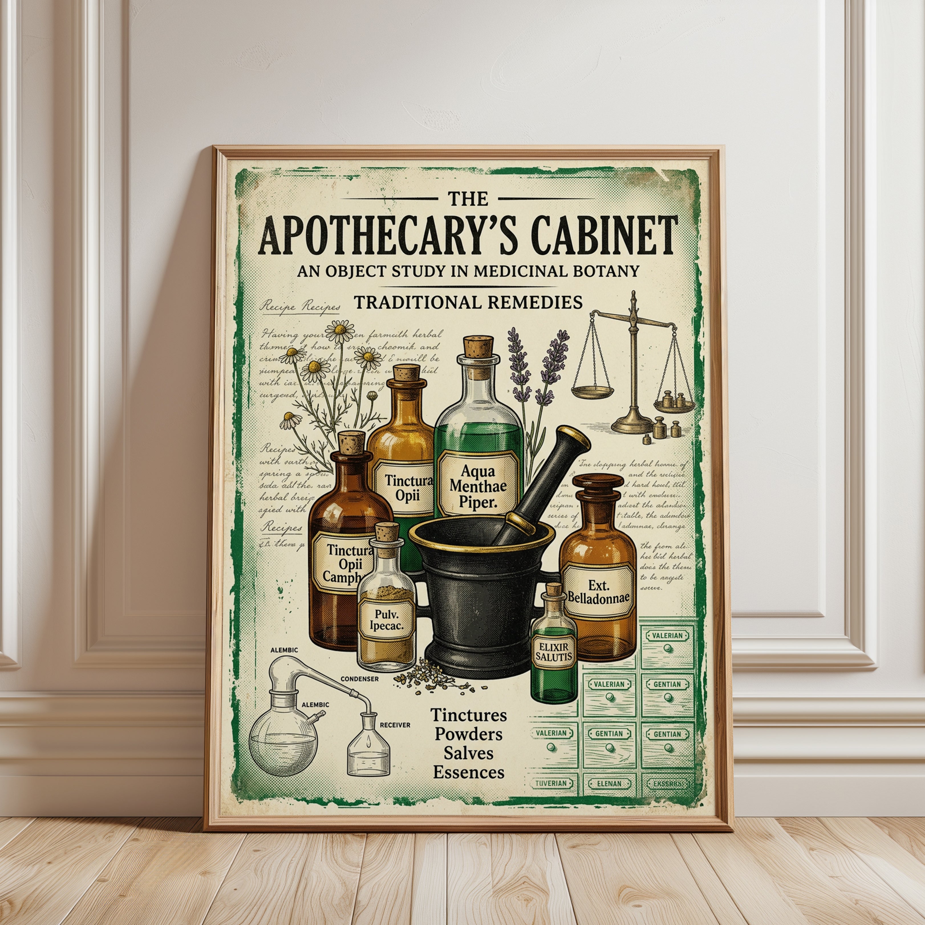 Apothecary Cabinet Print — Vintage Medicinal Botany Illustration - framed detail