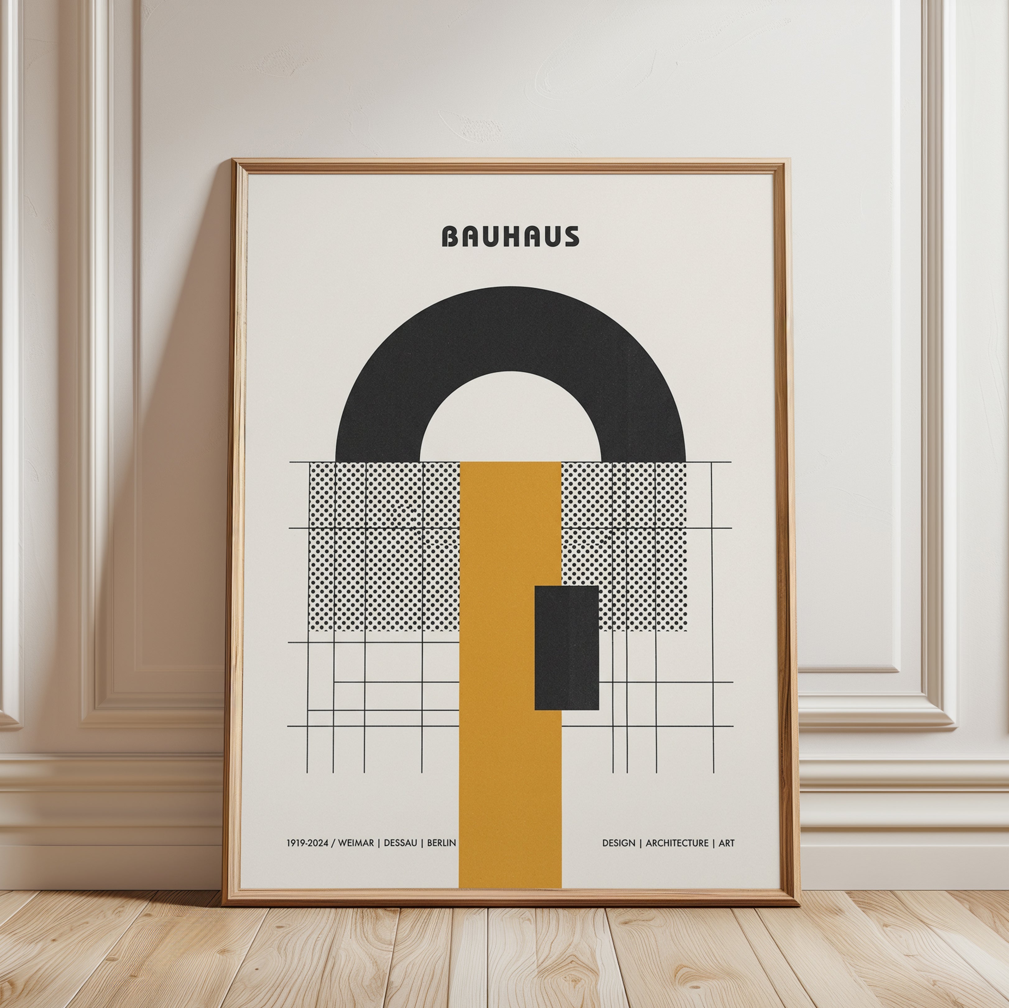 Bauhaus Geometric Poster: Black Arch and Yellow Grid Design - framed detail