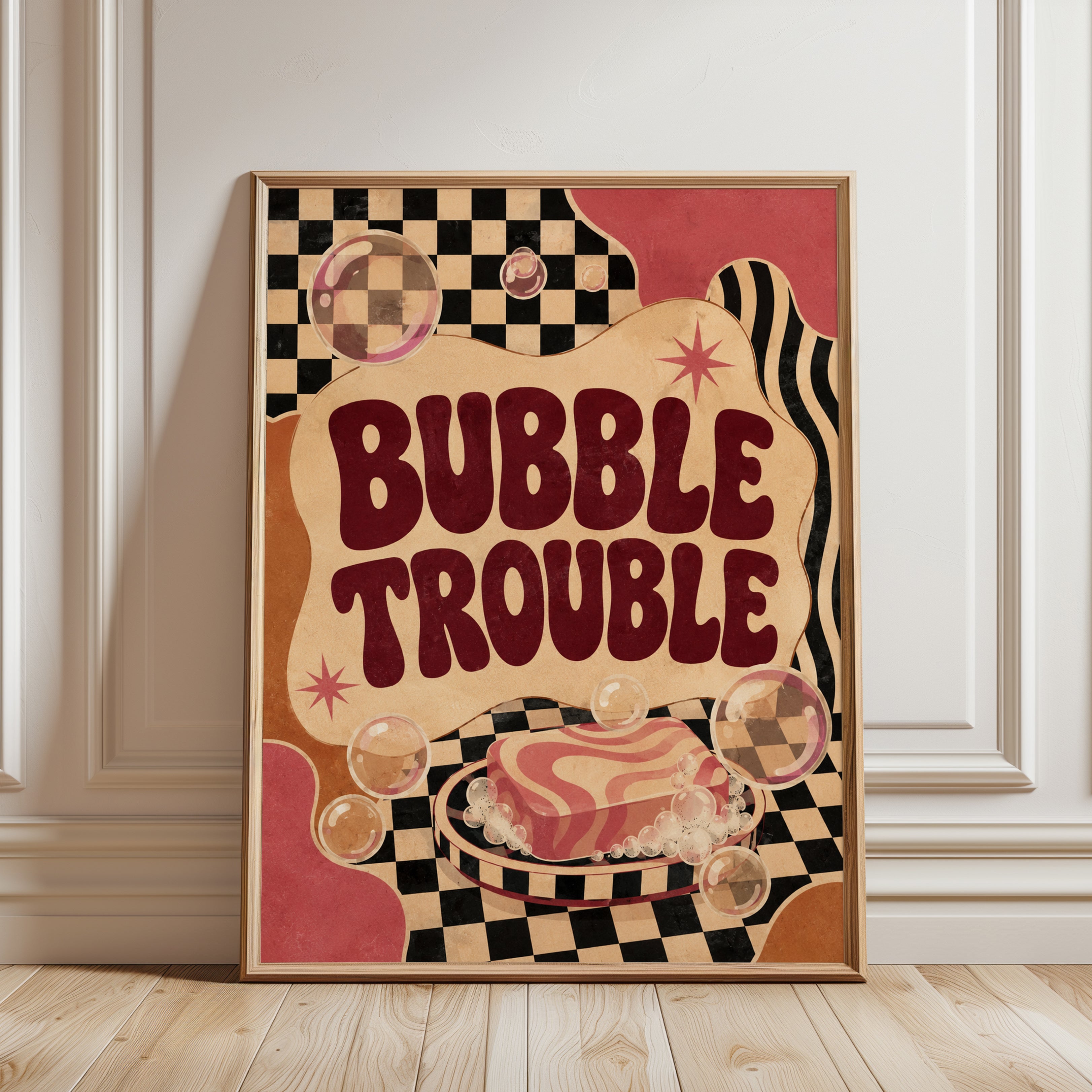 Bubble Trouble Retro Poster: Mid-Century Checkered Wall Art - framed detail