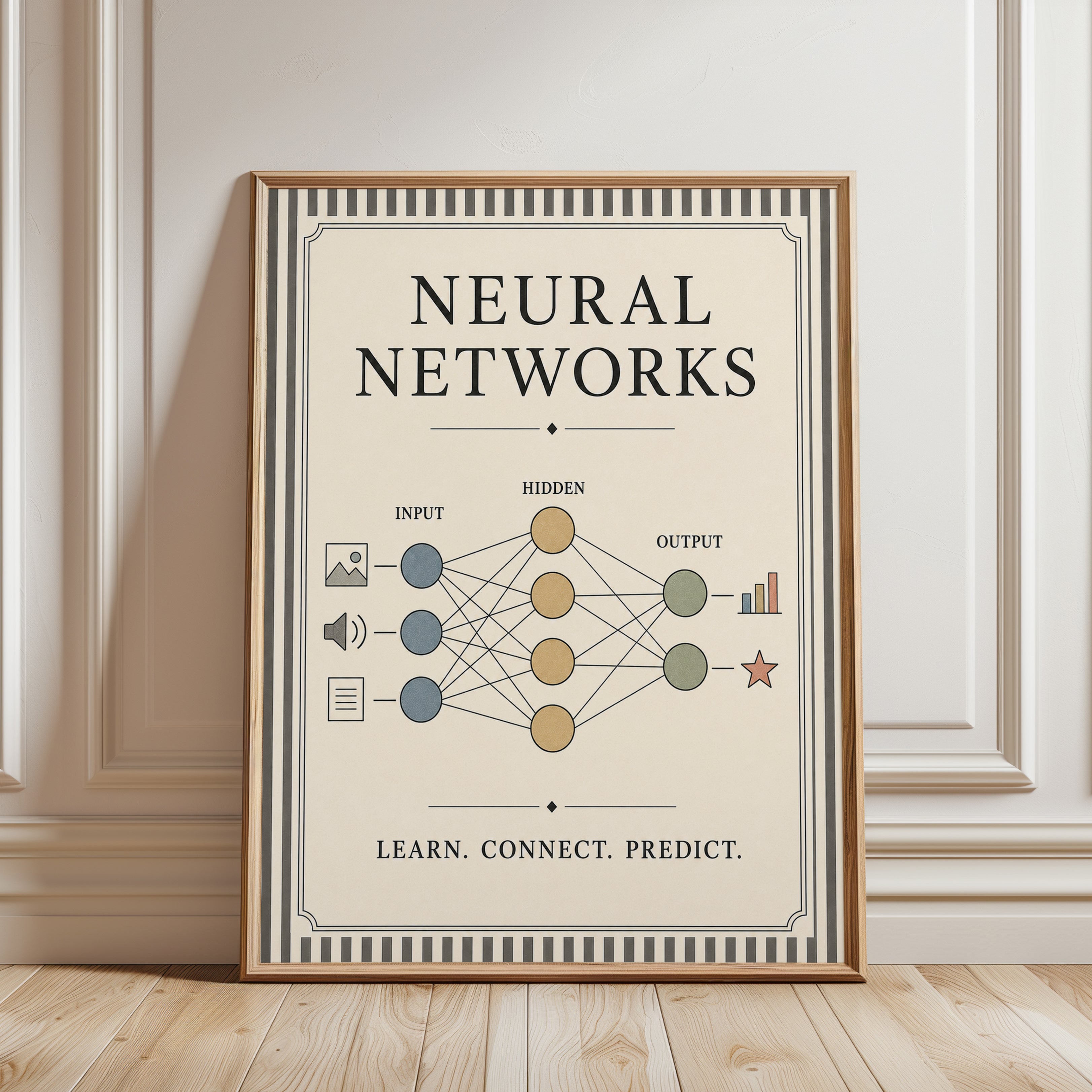 Neural Networks Diagram Poster: Vintage Educational Wall Art - framed detail