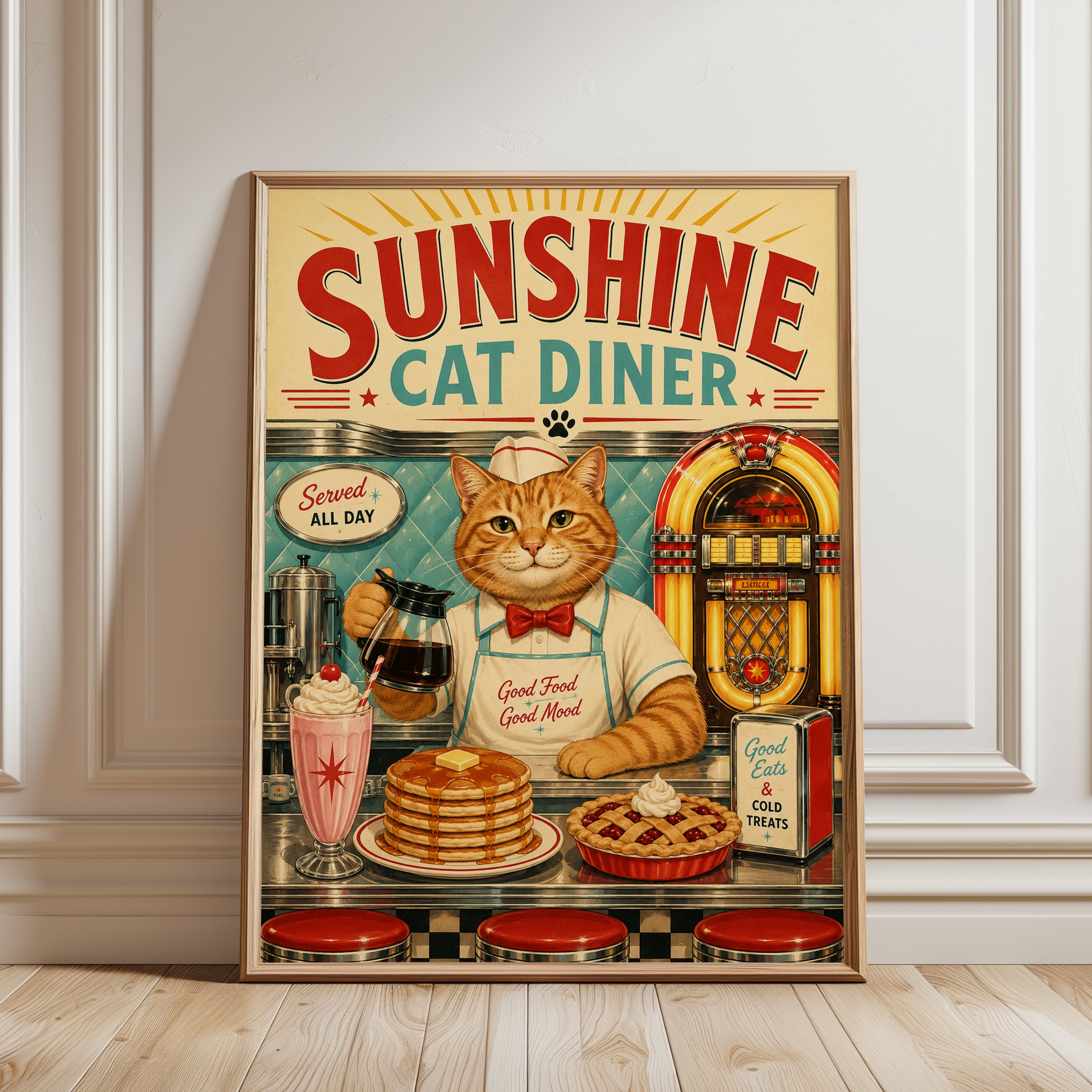 Retro Cat Diner Poster – Vintage Kitchen Wall Art - framed detail
