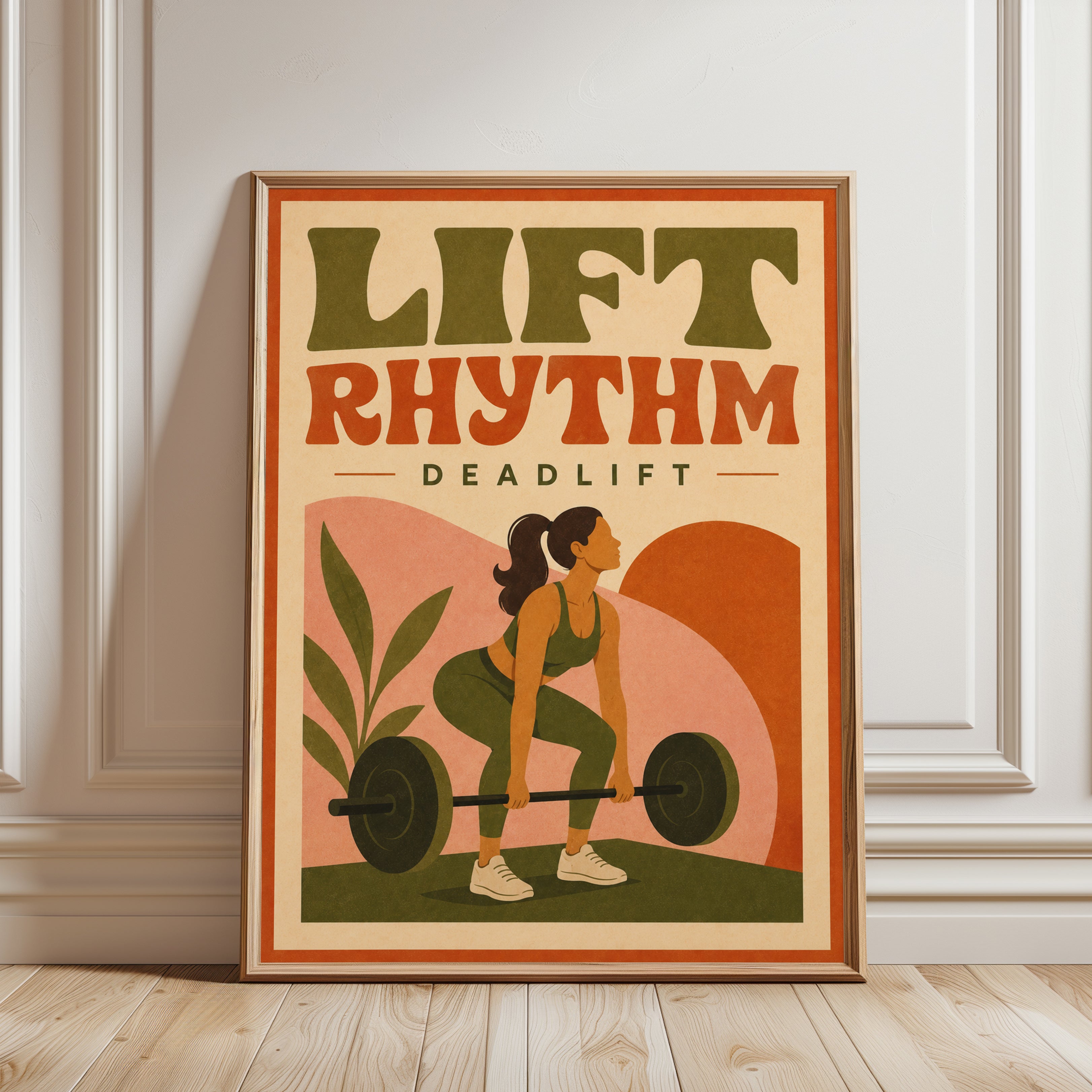 Vintage Deadlift Poster Print: Retro Gym Art in Warm 70s Colors - framed detail