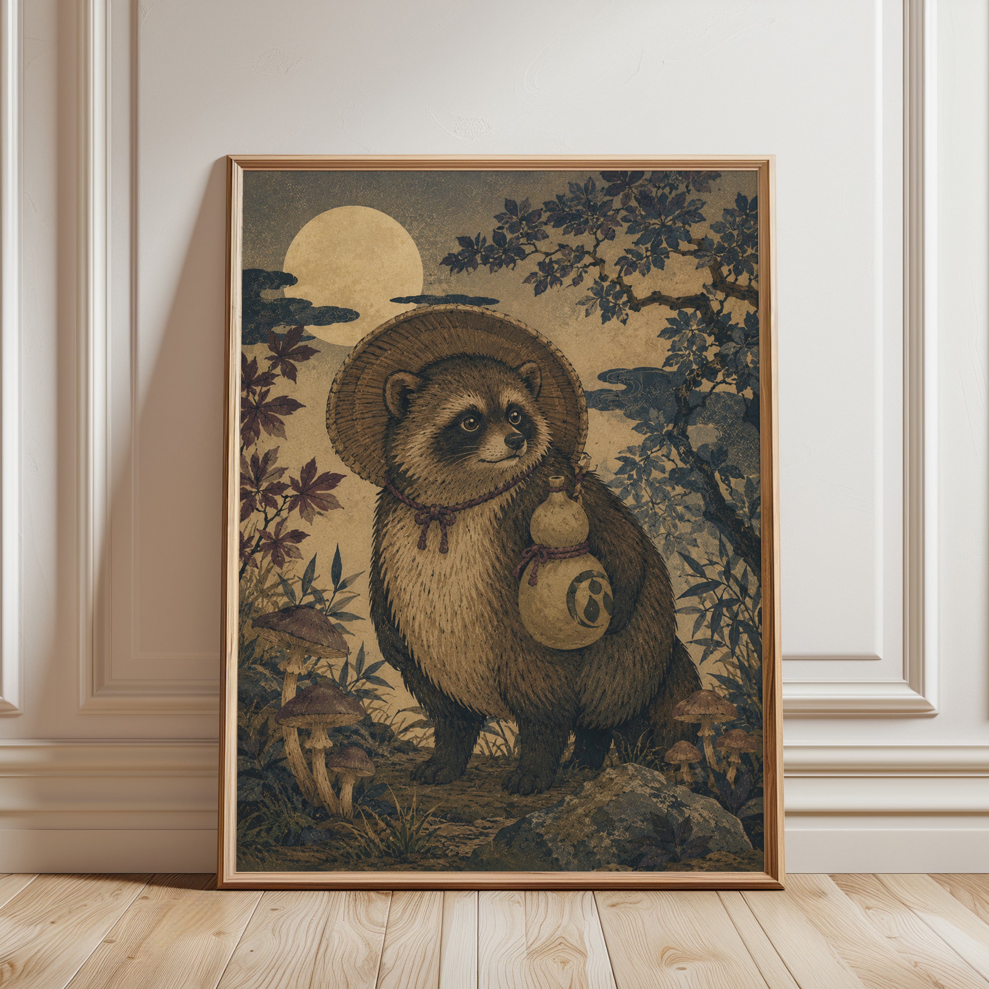 Tanuki Traveler Print: Japanese Folk Art Woodland Illustration - framed detail