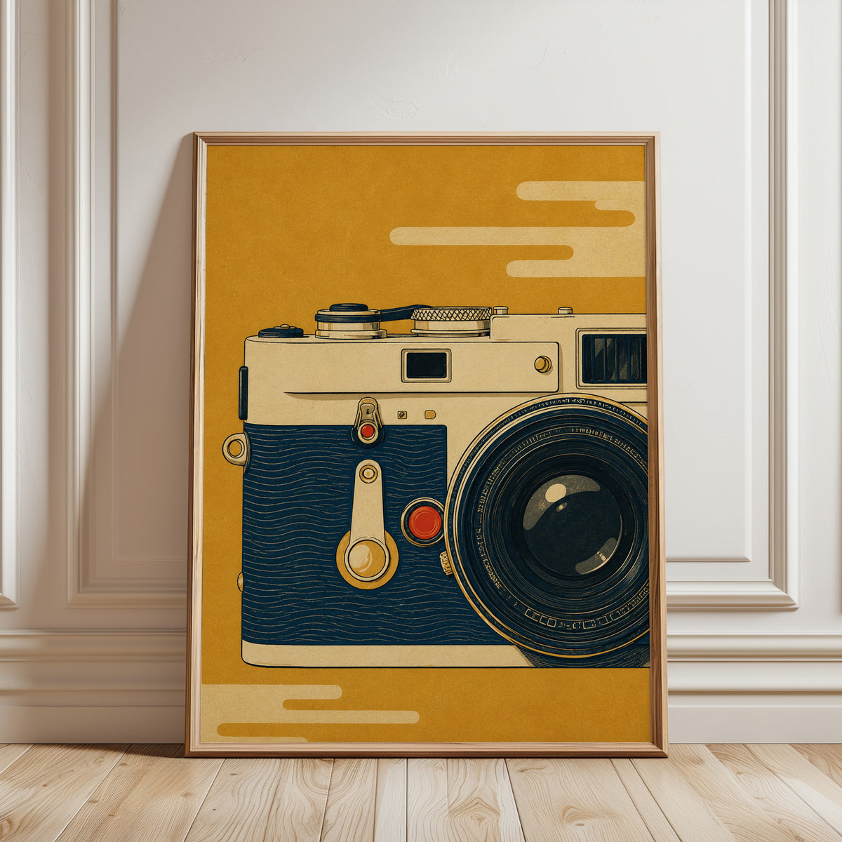 Vintage Leica Camera Print: Retro Mid-Century Art in Mustard Yellow - framed detail