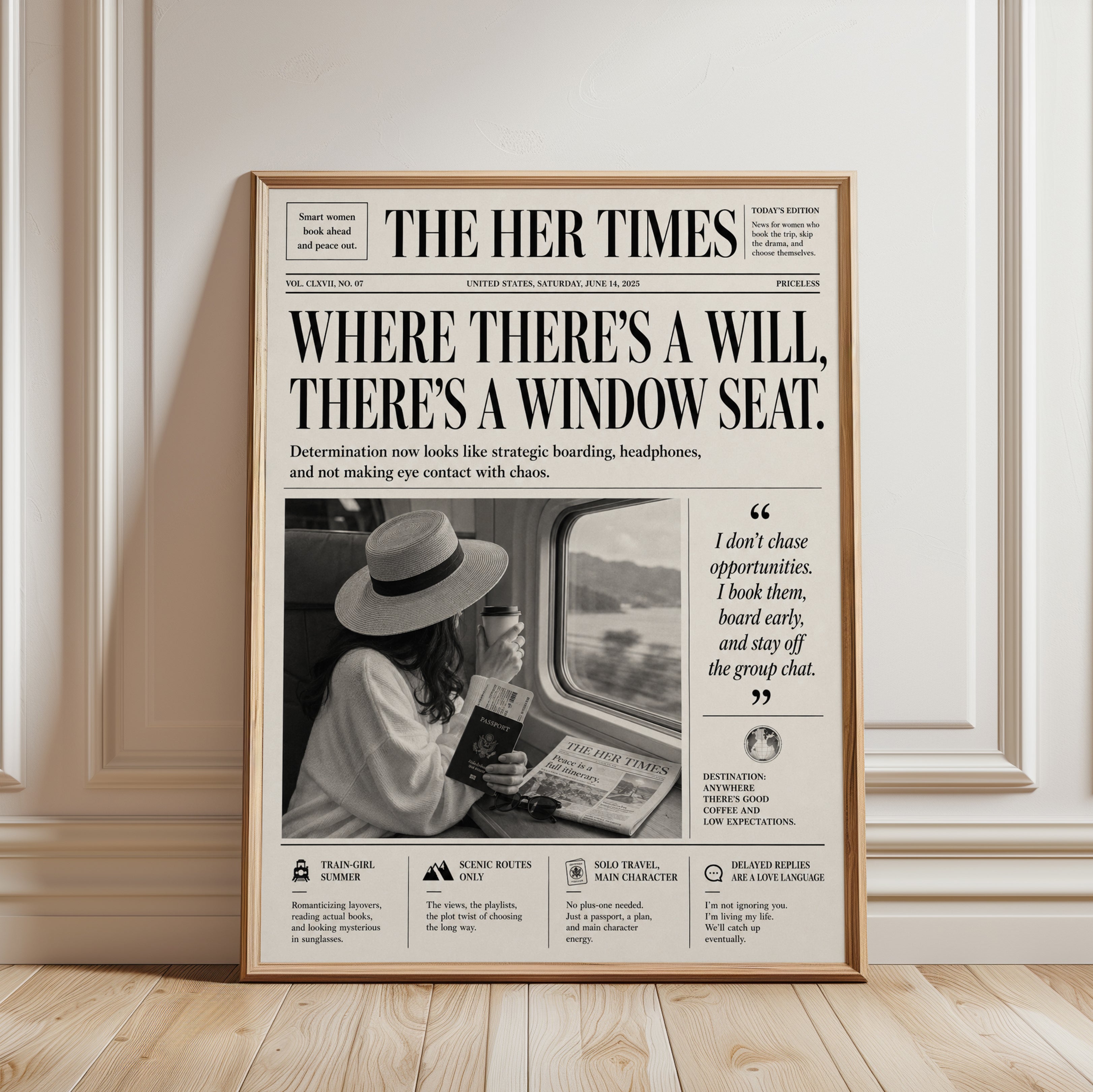 The Her Times Newspaper Art Print: Vintage Travel Poster Design - framed detail