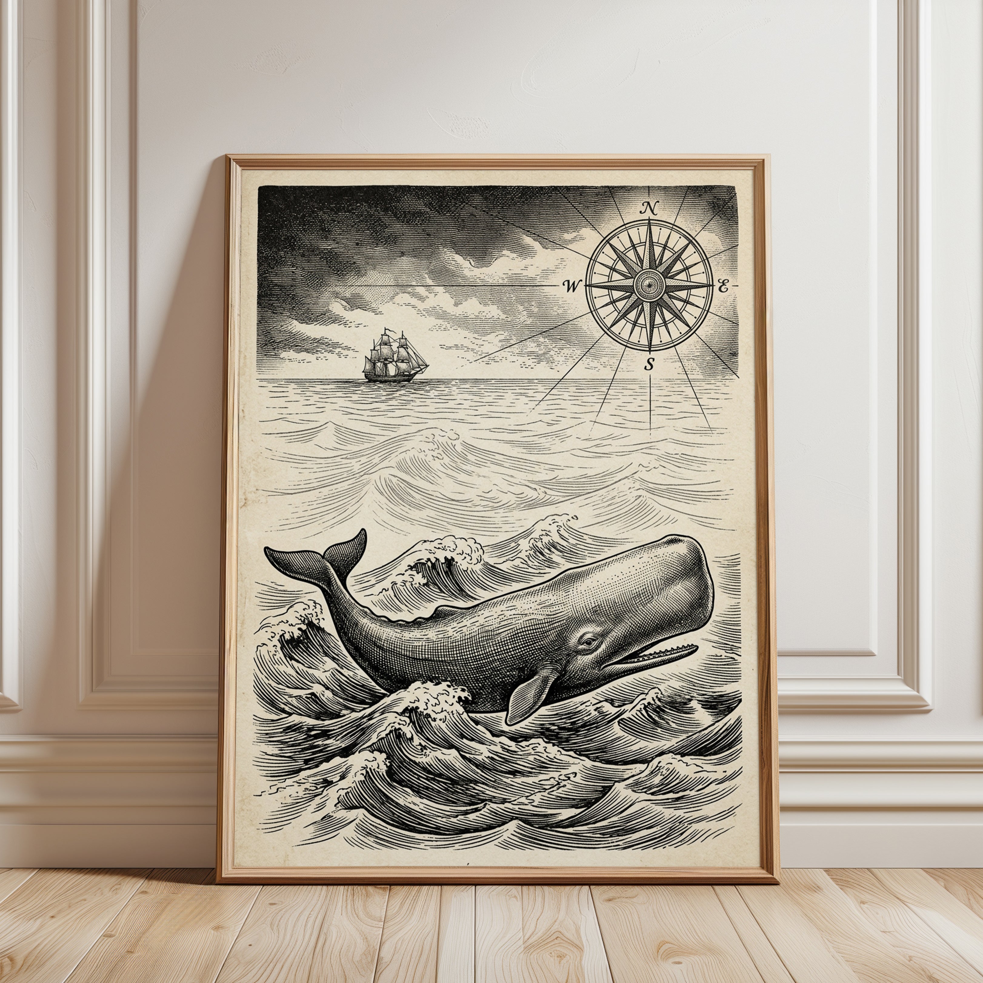 Vintage Whale Engraving Print: Nautical Compass & Sailing Ship - framed detail