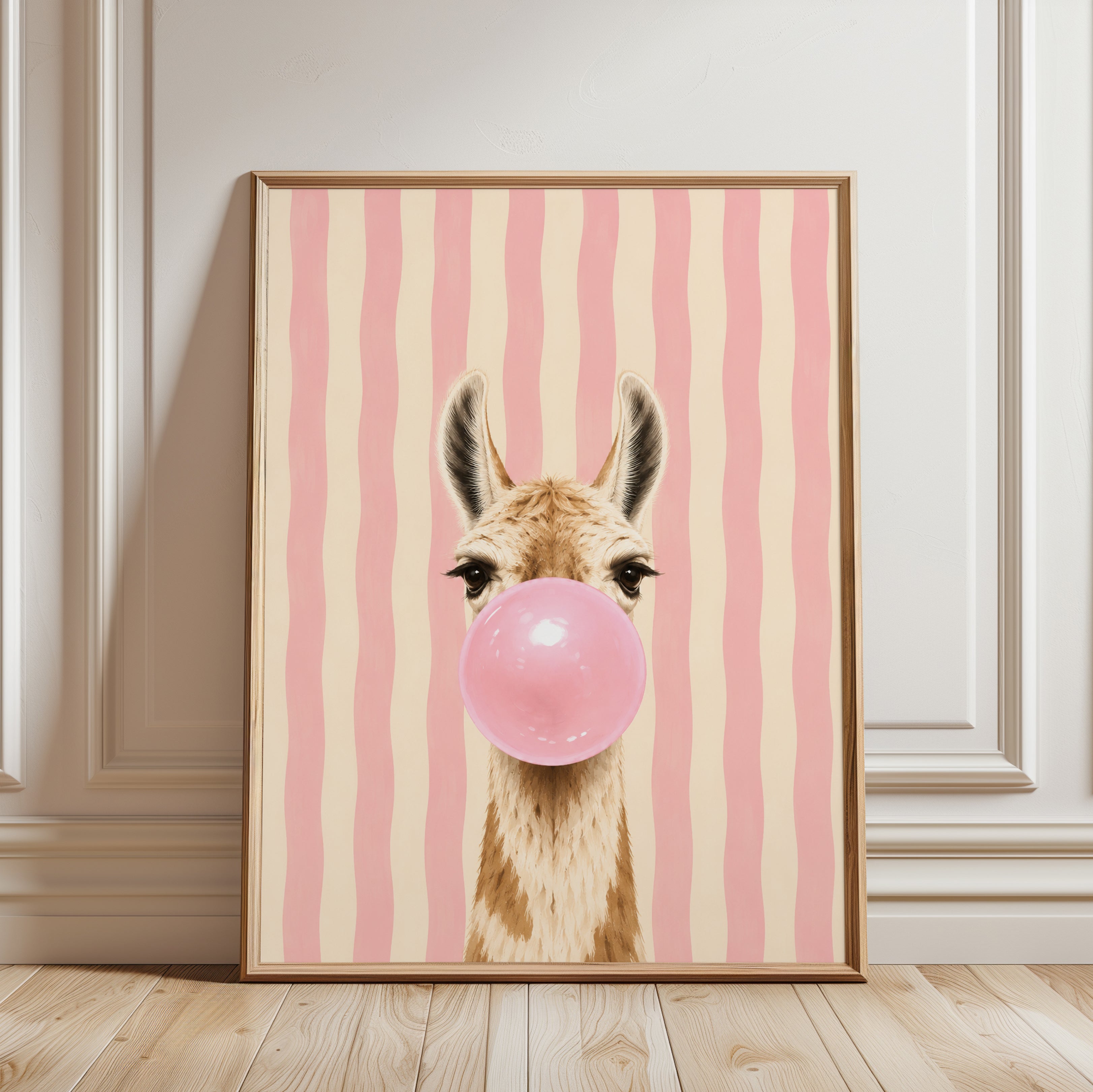 Llama Blowing Bubblegum Art Print: Whimsical Pink Stripes - framed detail