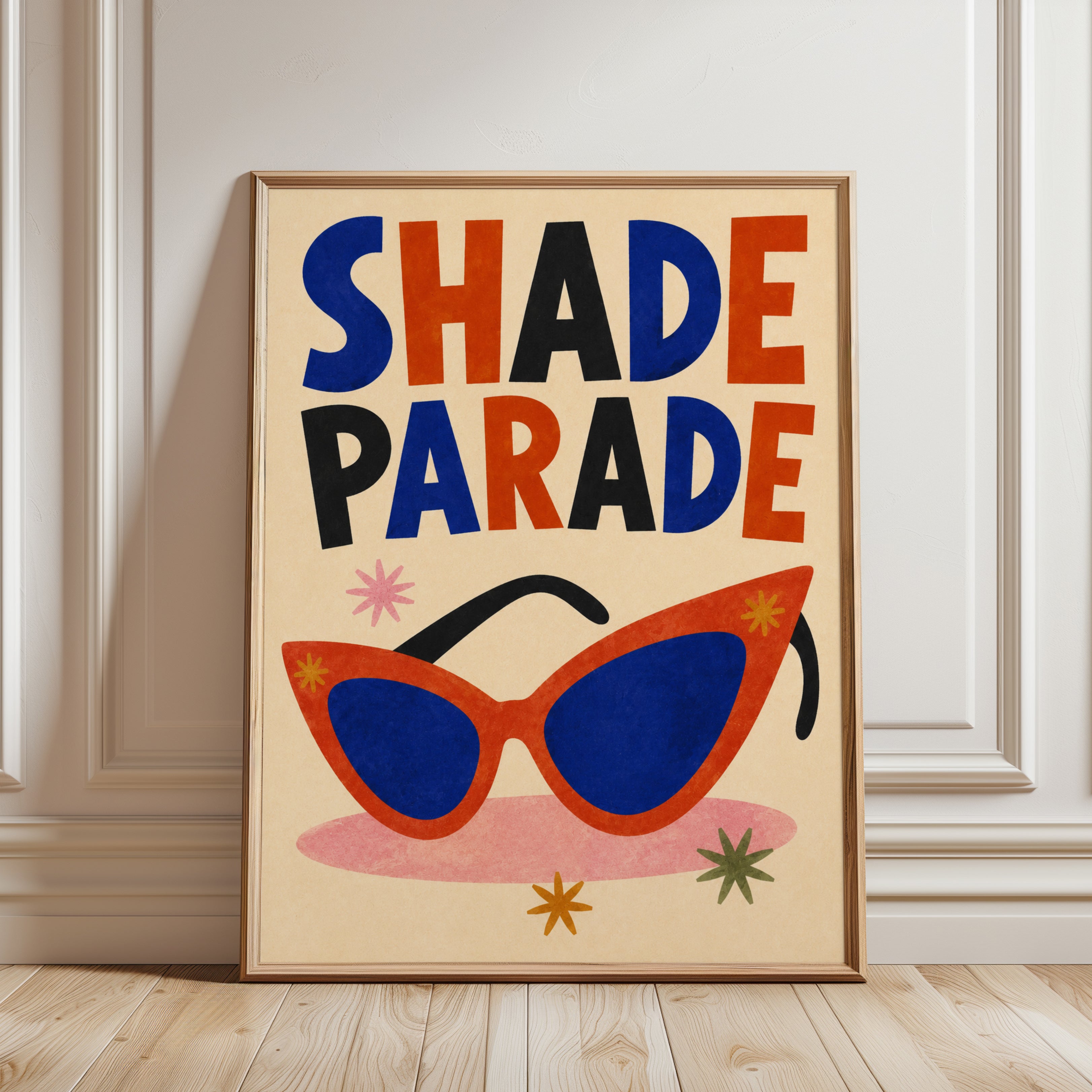 Shade Parade: Retro Sunglasses Art Print with Bold Typography - framed detail
