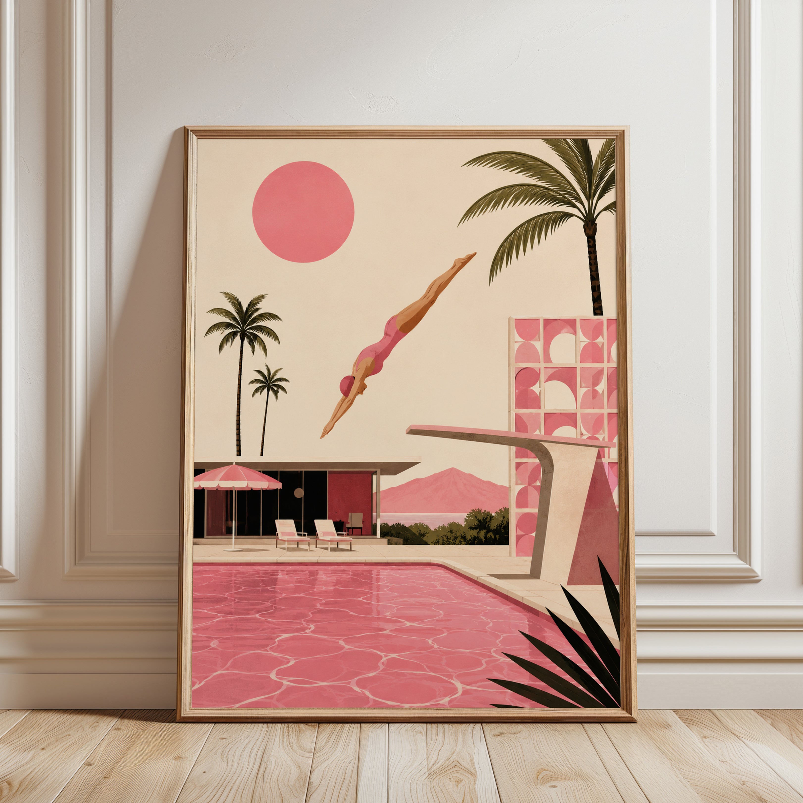 Pink Palm Springs Pool Diver: Mid-Century Modern Art Print - framed detail