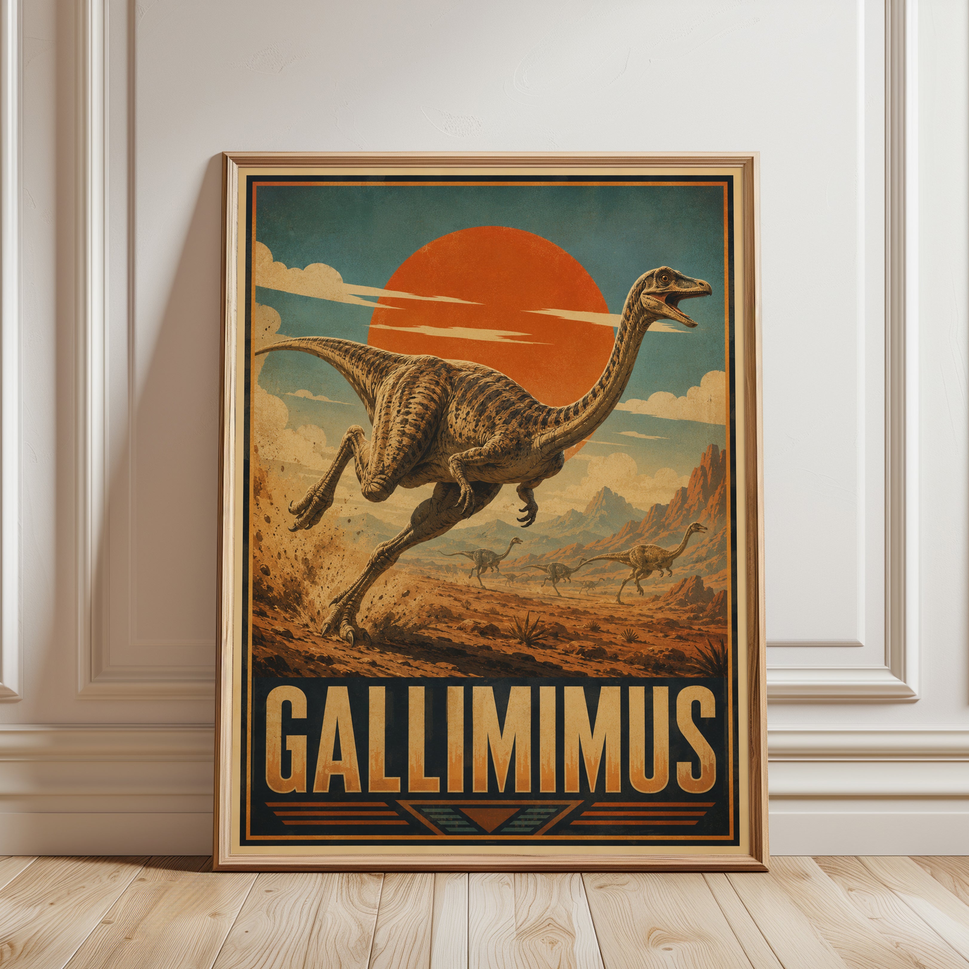 Gallimimus Dinosaur Poster: Vintage Retro Travel Art Print - framed detail