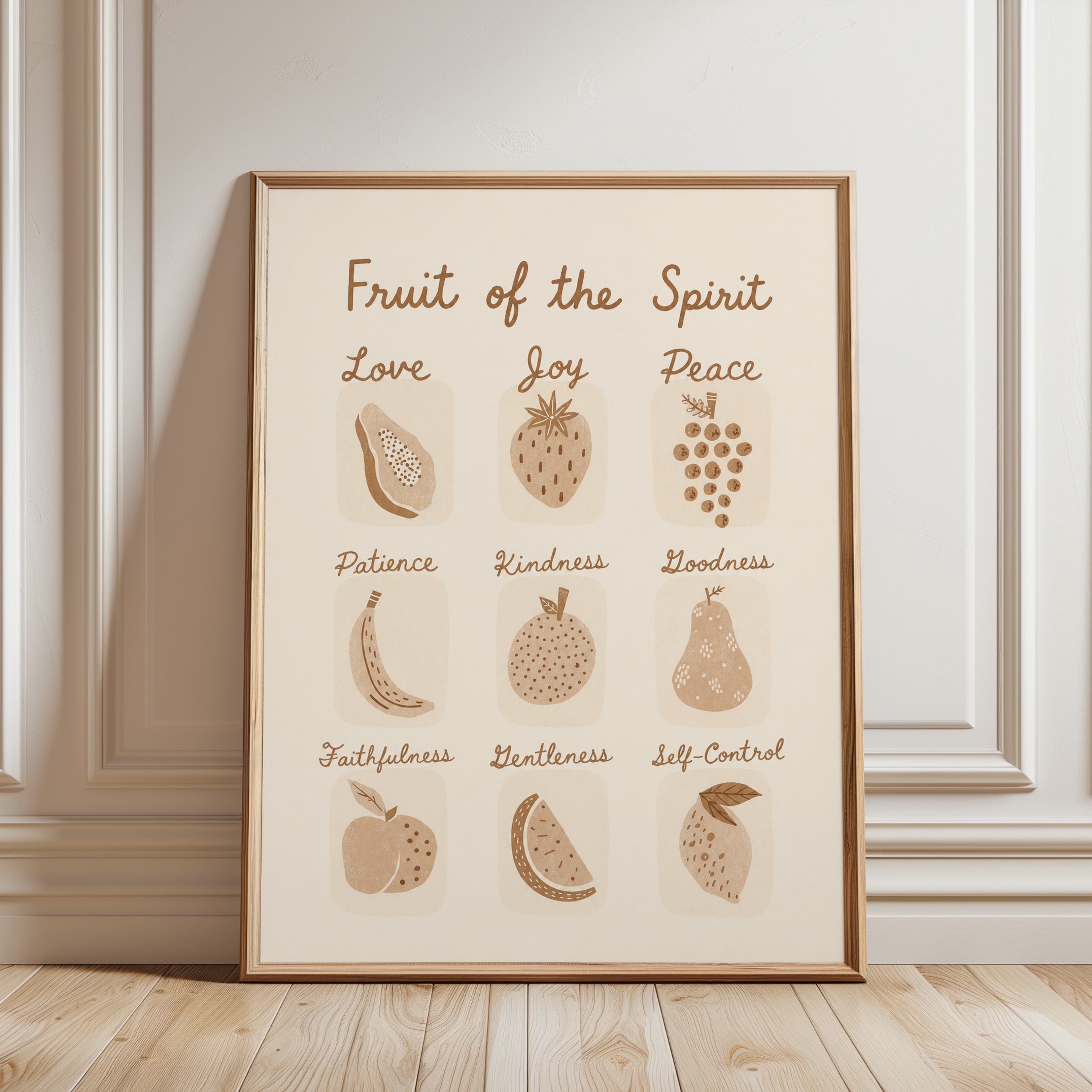 Fruit of the Spirit Print: Christian Scripture Art (Beige Boho Style) - framed detail