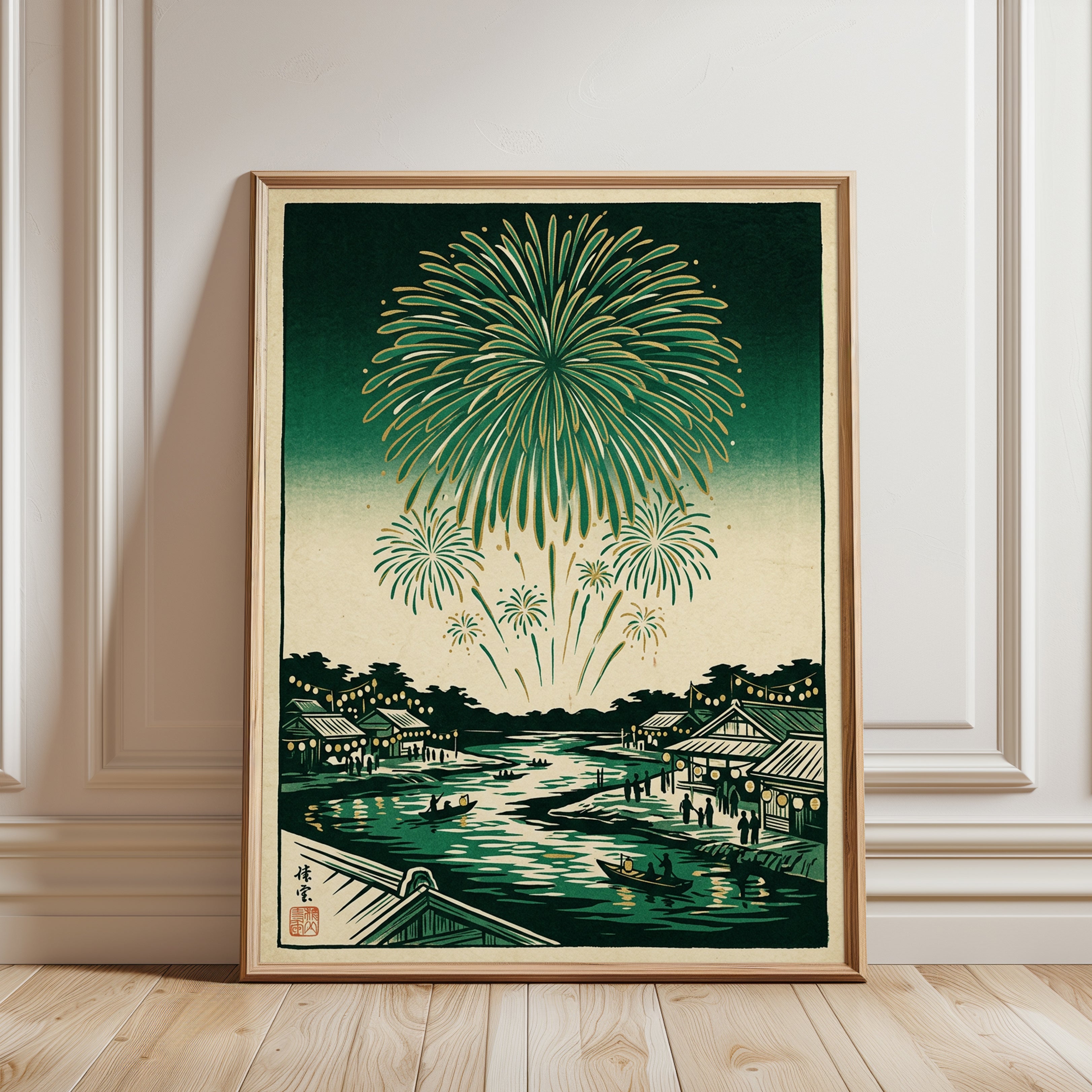 Japanese Fireworks Over River Town: Vintage Woodblock Print - framed detail