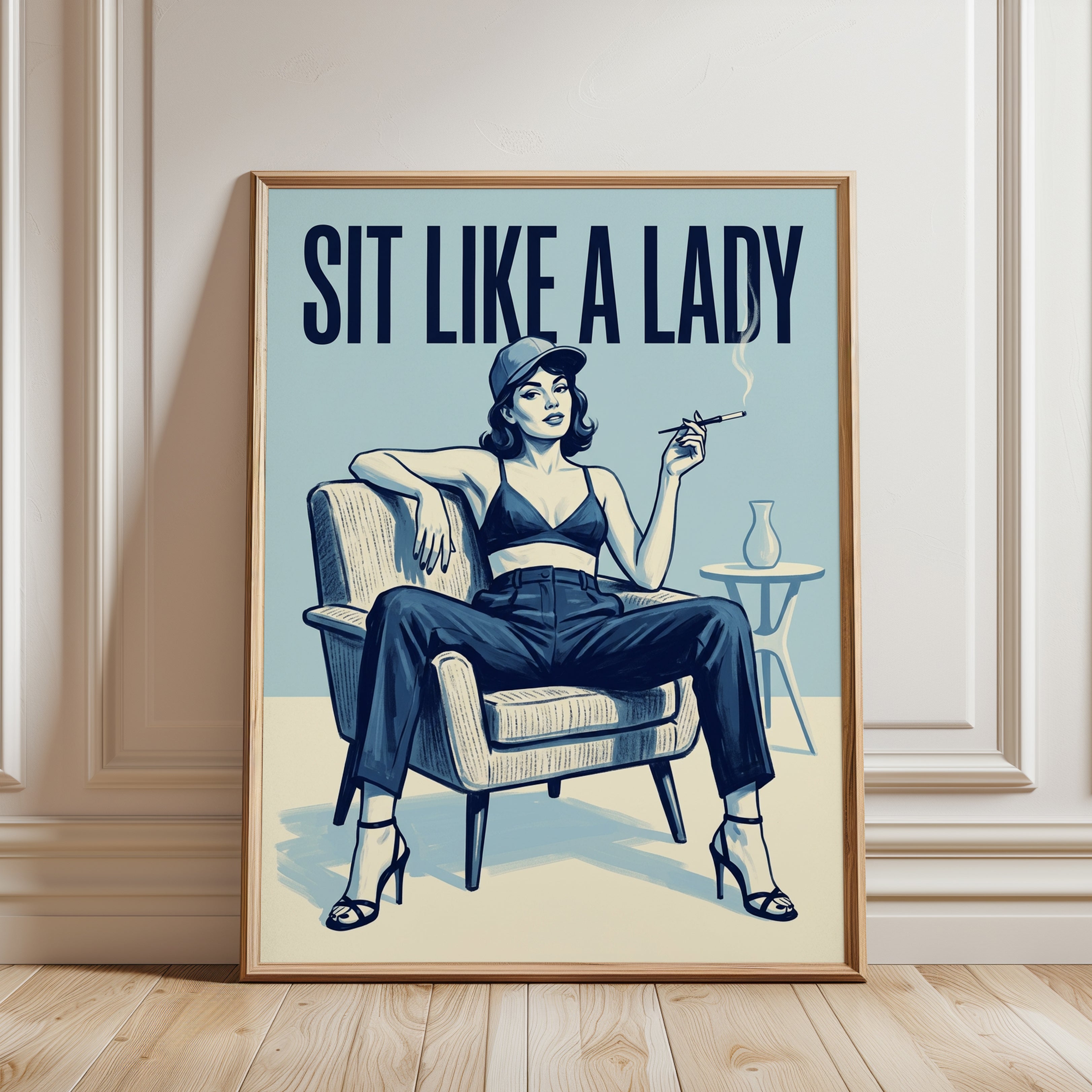 Sit Like a Lady Poster: Vintage Feminist Art - framed detail