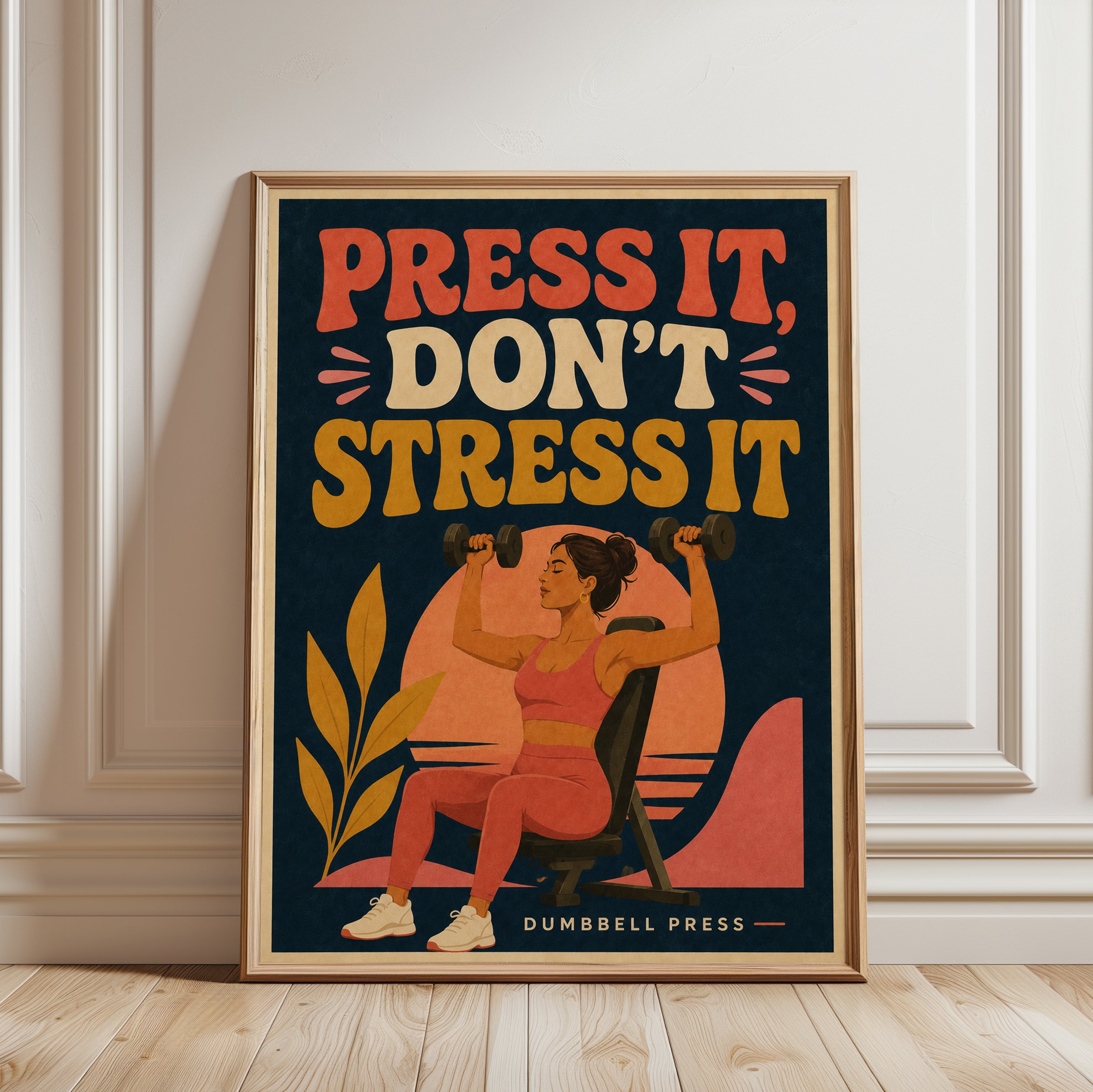 Press It Don't Stress It Gym Poster: Retro Fitness Wall Art - framed detail