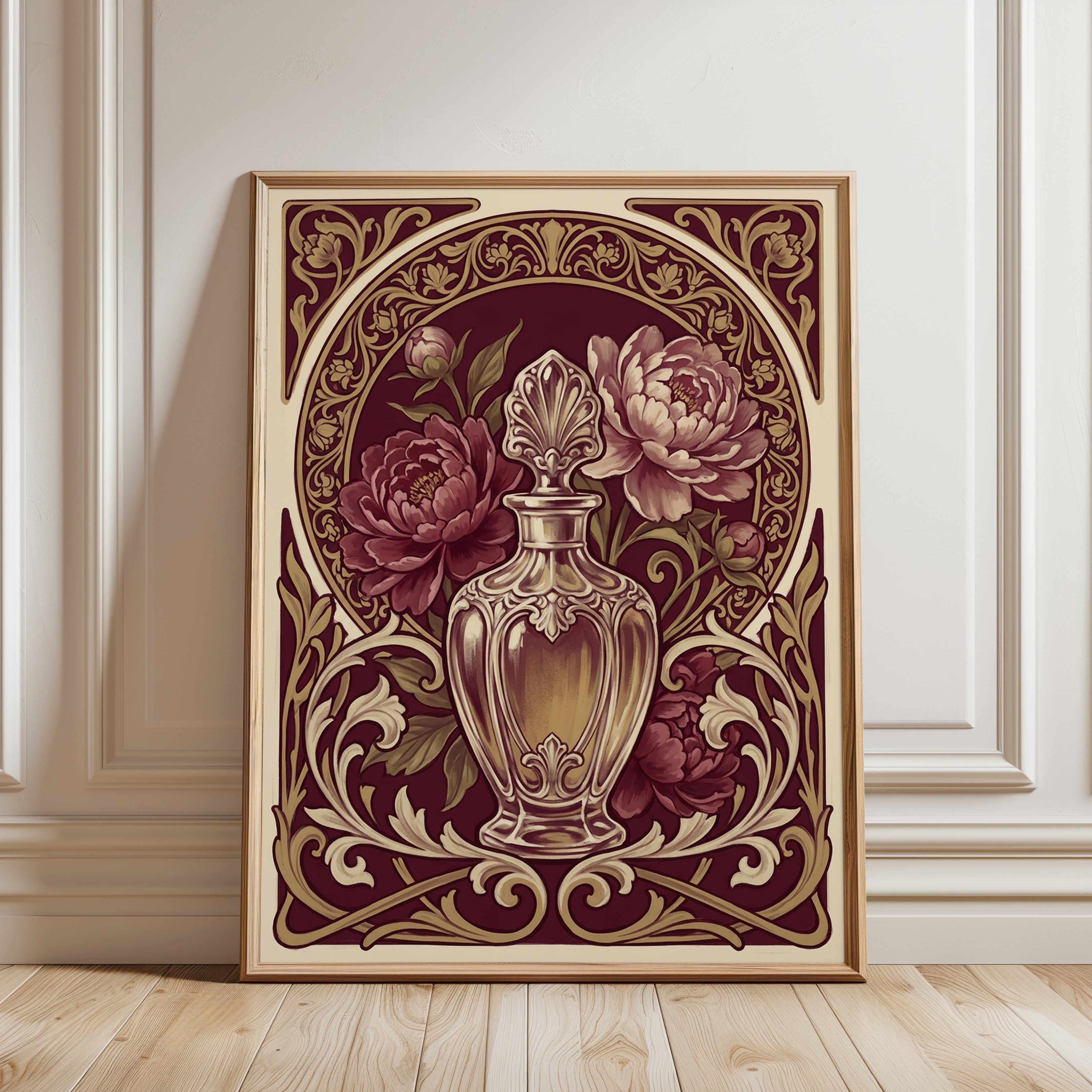 Art Nouveau Vase Print – Burgundy Gold Floral Urn - framed detail