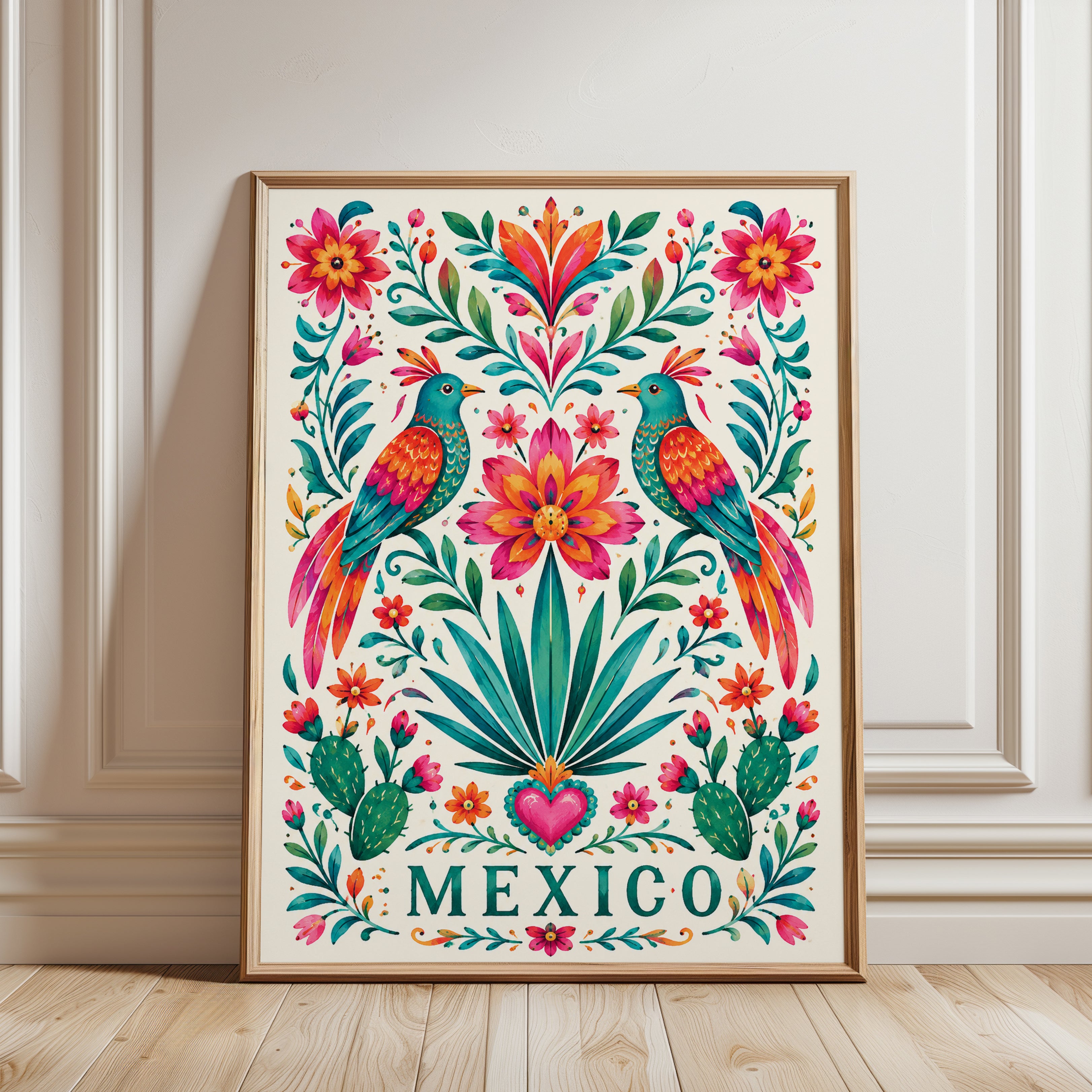 Mexican Folk Art Print – Colorful Bird Wall Art - framed detail