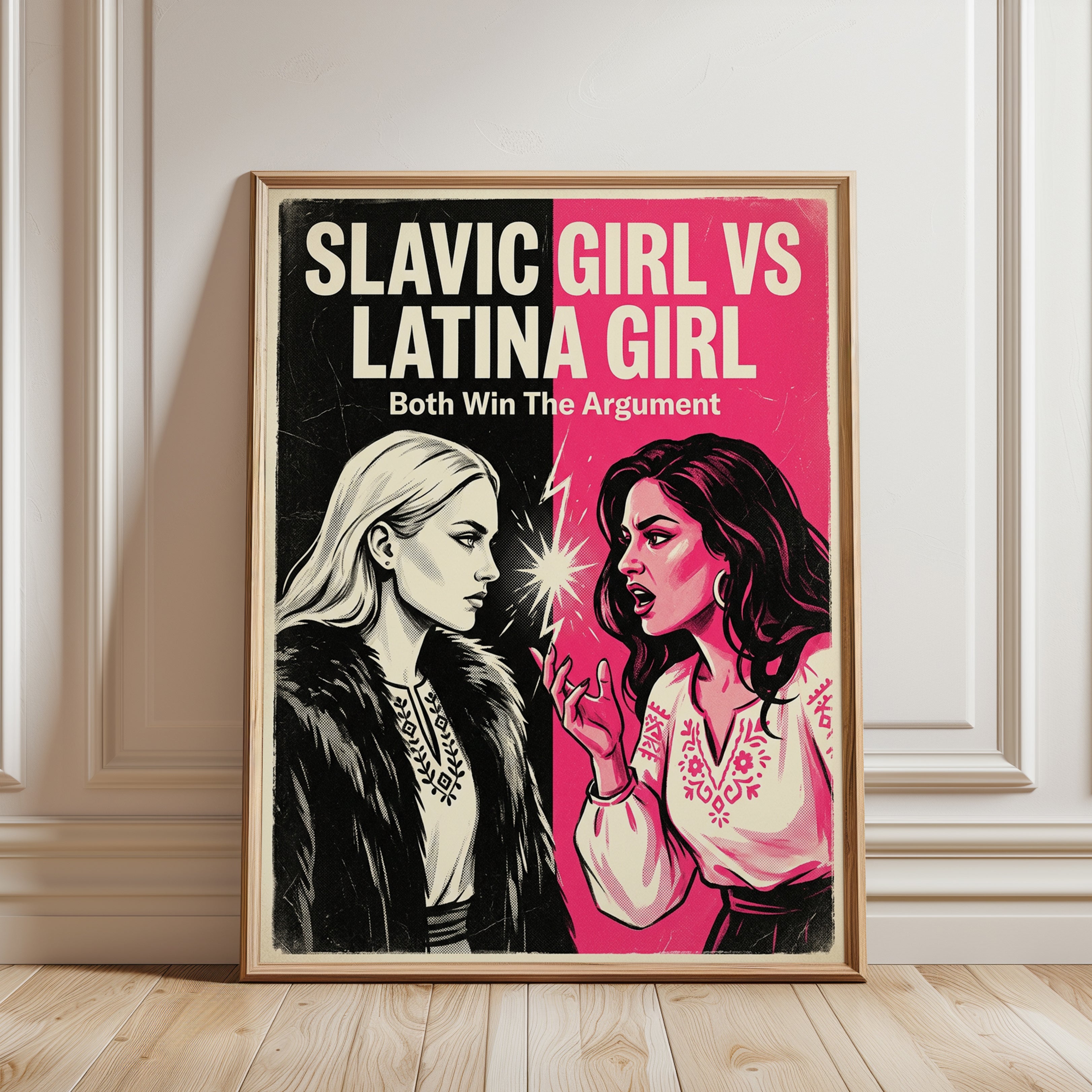 Retro Pop Art Poster: Dual Portrait in Pink and Black - framed detail