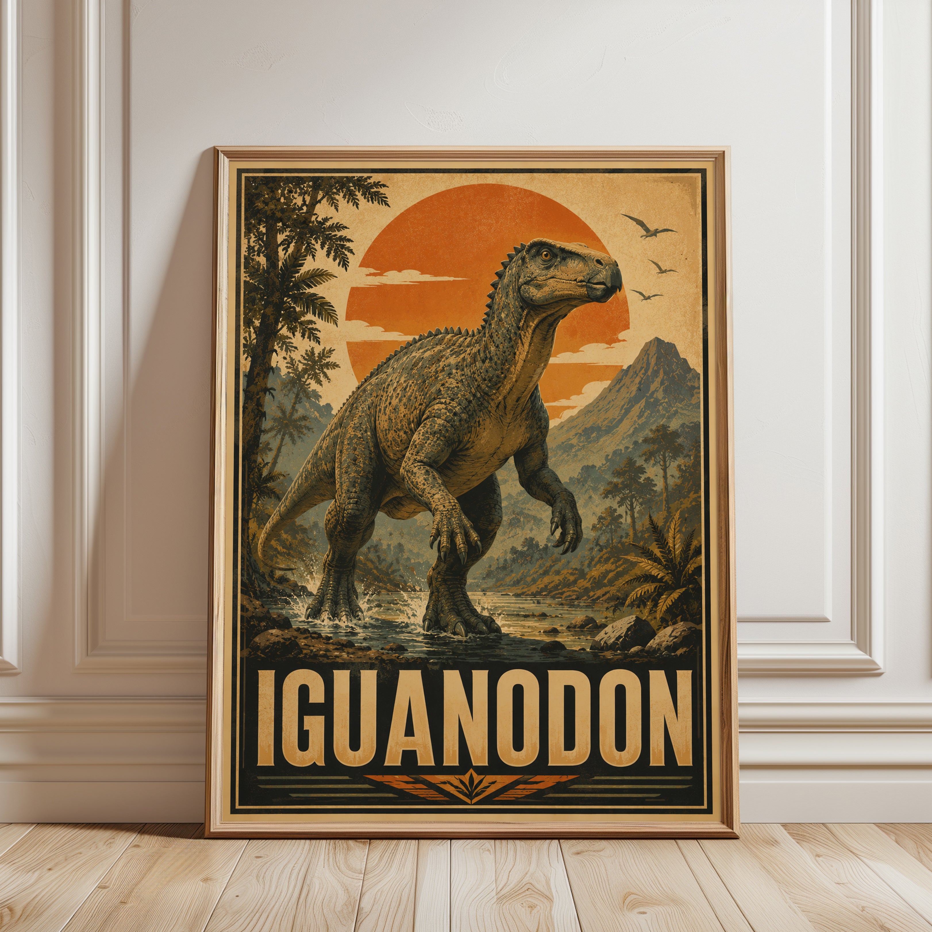 Iguanodon Dinosaur Print: Retro Paleontology Poster - framed detail
