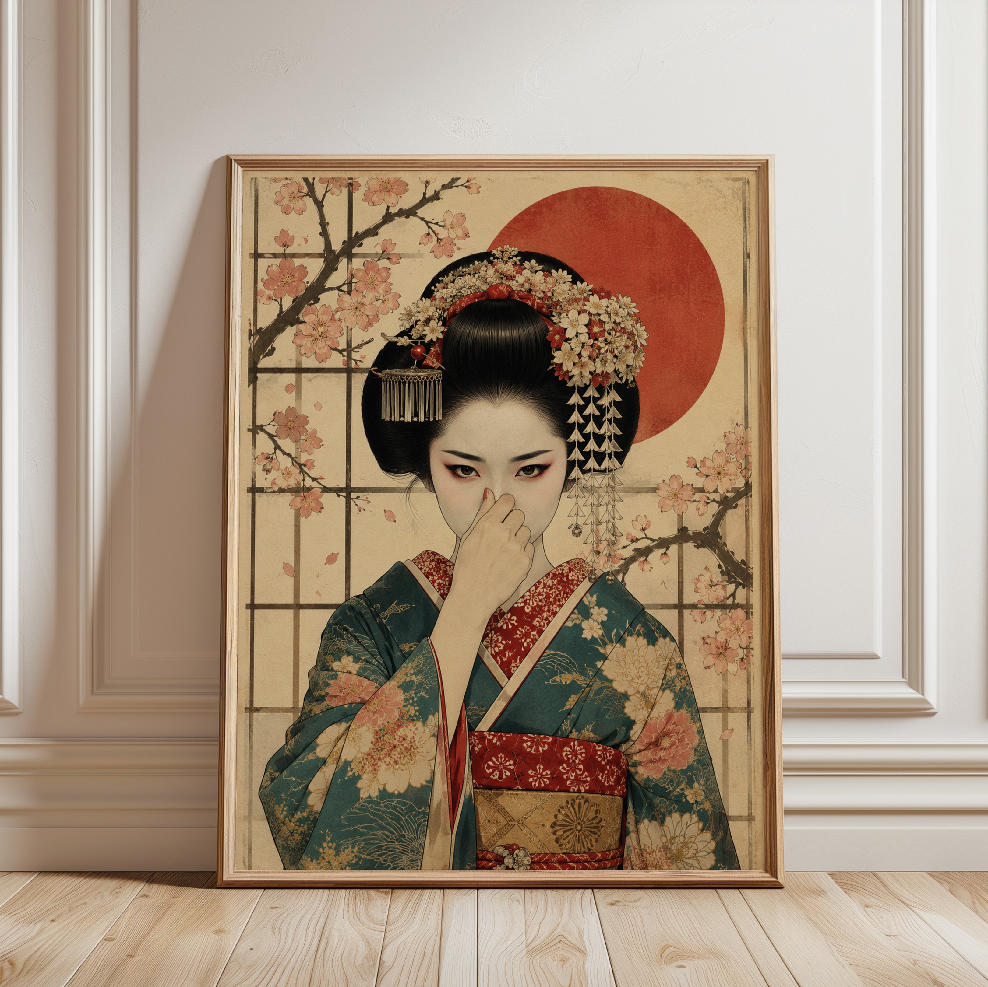 Funny Bathroom Poster Japanese Geisha Art Print - framed detail