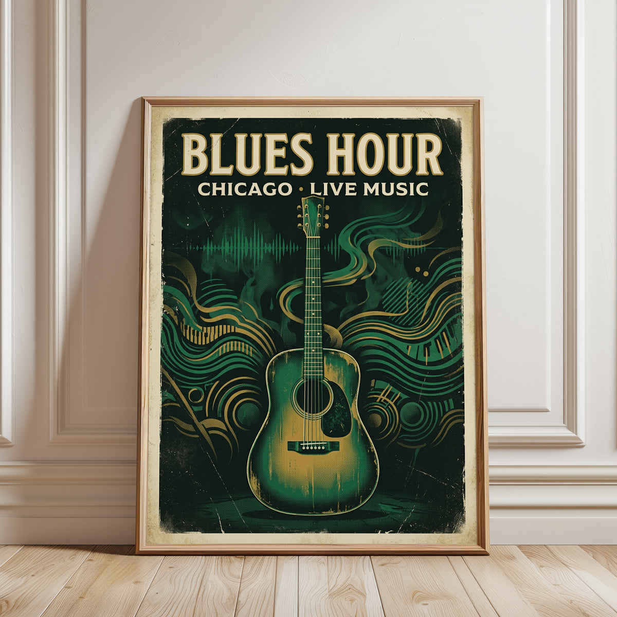 Blues Hour Chicago Print — Vintage Guitar Poster - framed detail