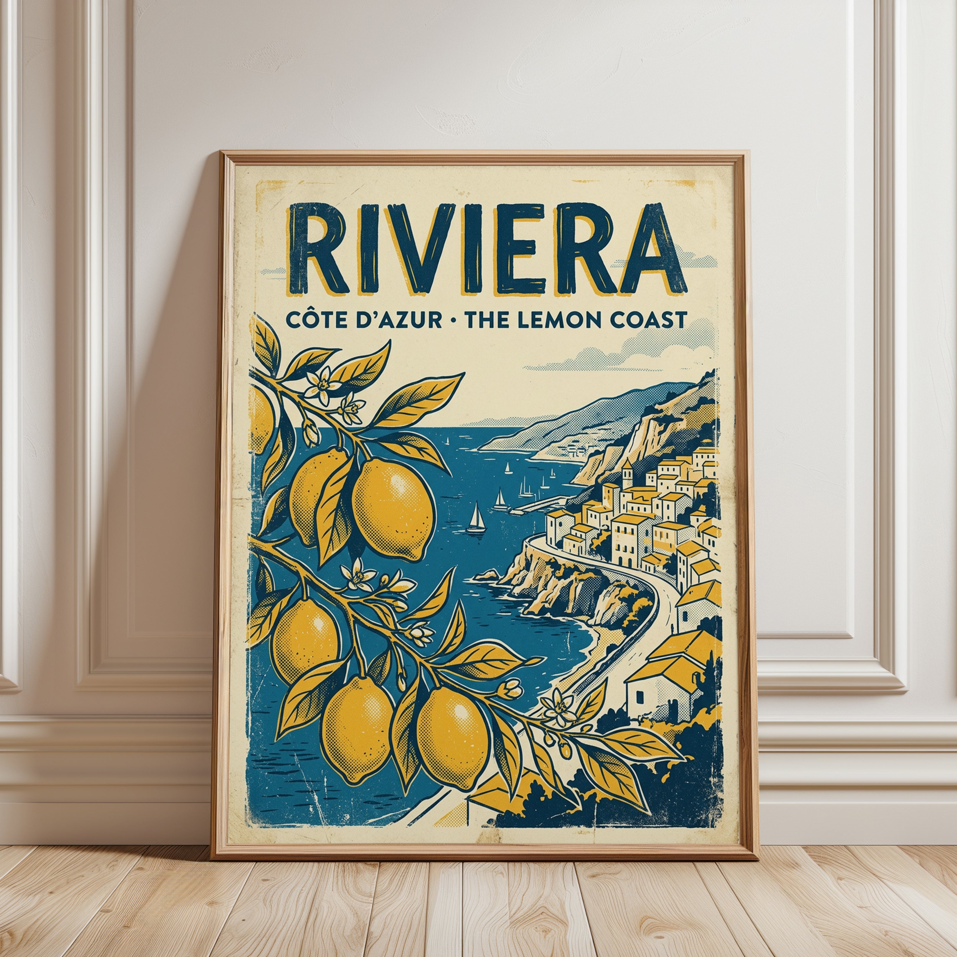 Riviera Travel Poster Print — Vintage Côte d'Azur Lemon Coast - framed detail