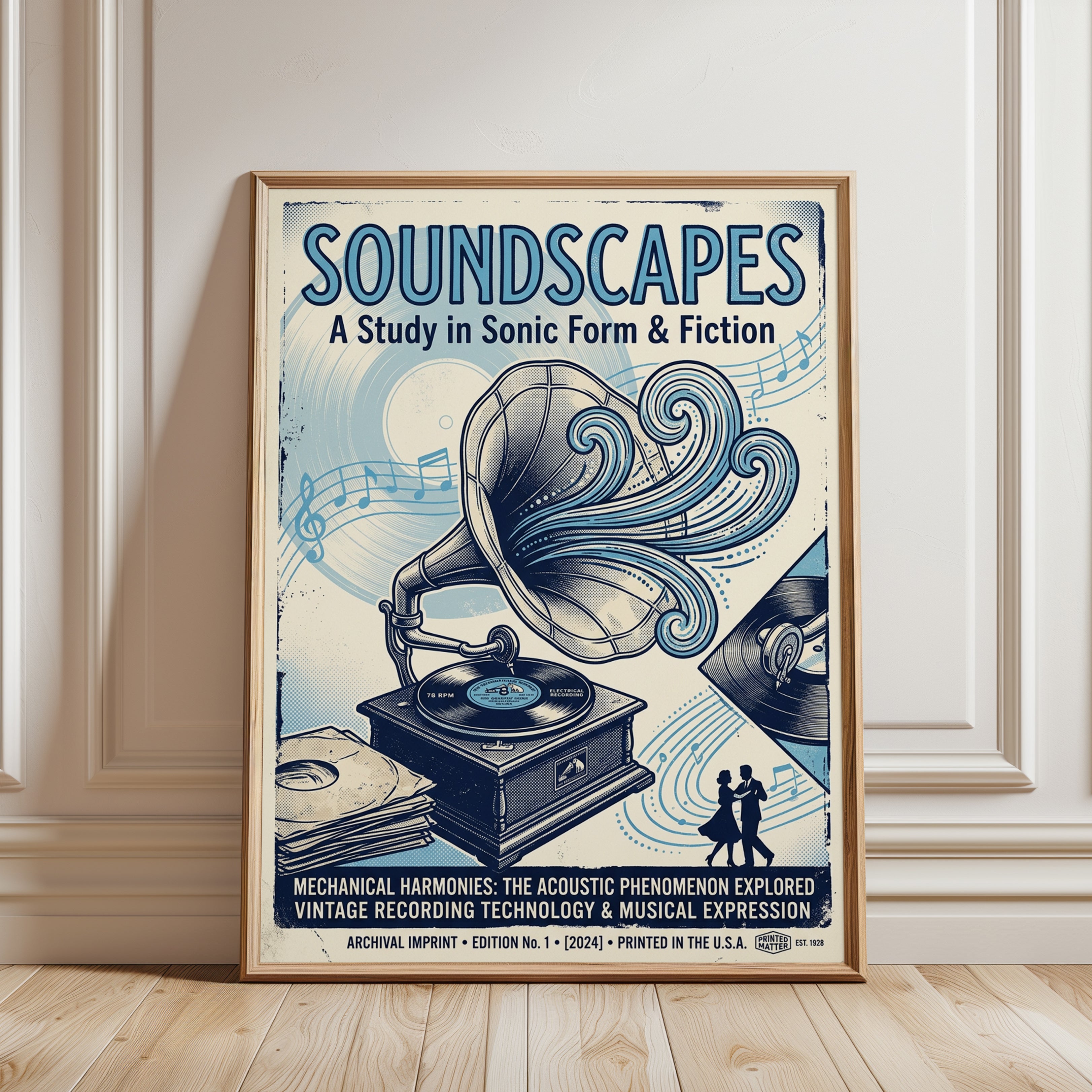 Vintage Gramophone Art Print: Art Deco Music Poster Design - framed detail