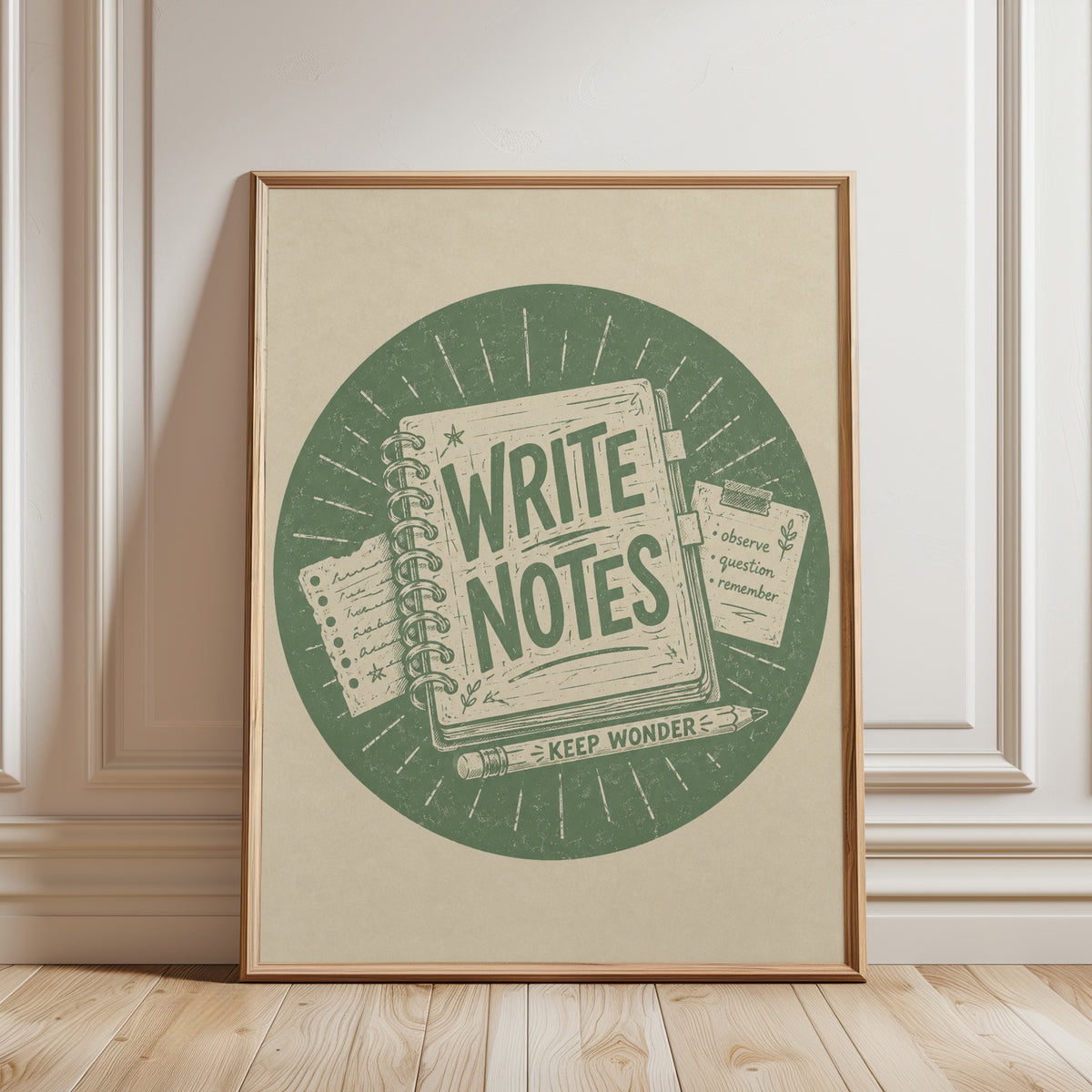 Write Notes Vintage Print: Retro Stationery Art - framed detail