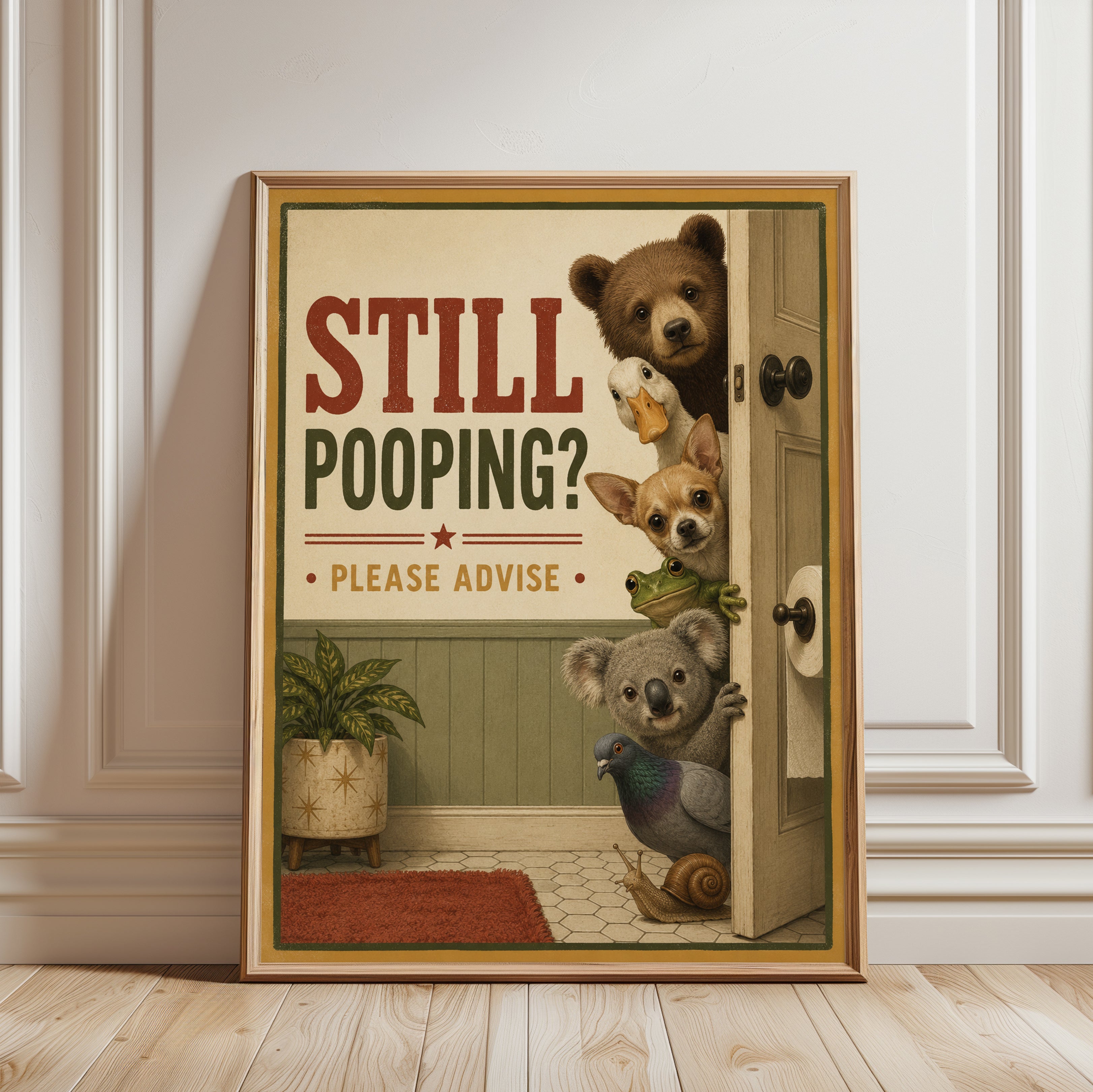 Still Pooping Bathroom Sign Print: Vintage Animals Humor Art - framed detail