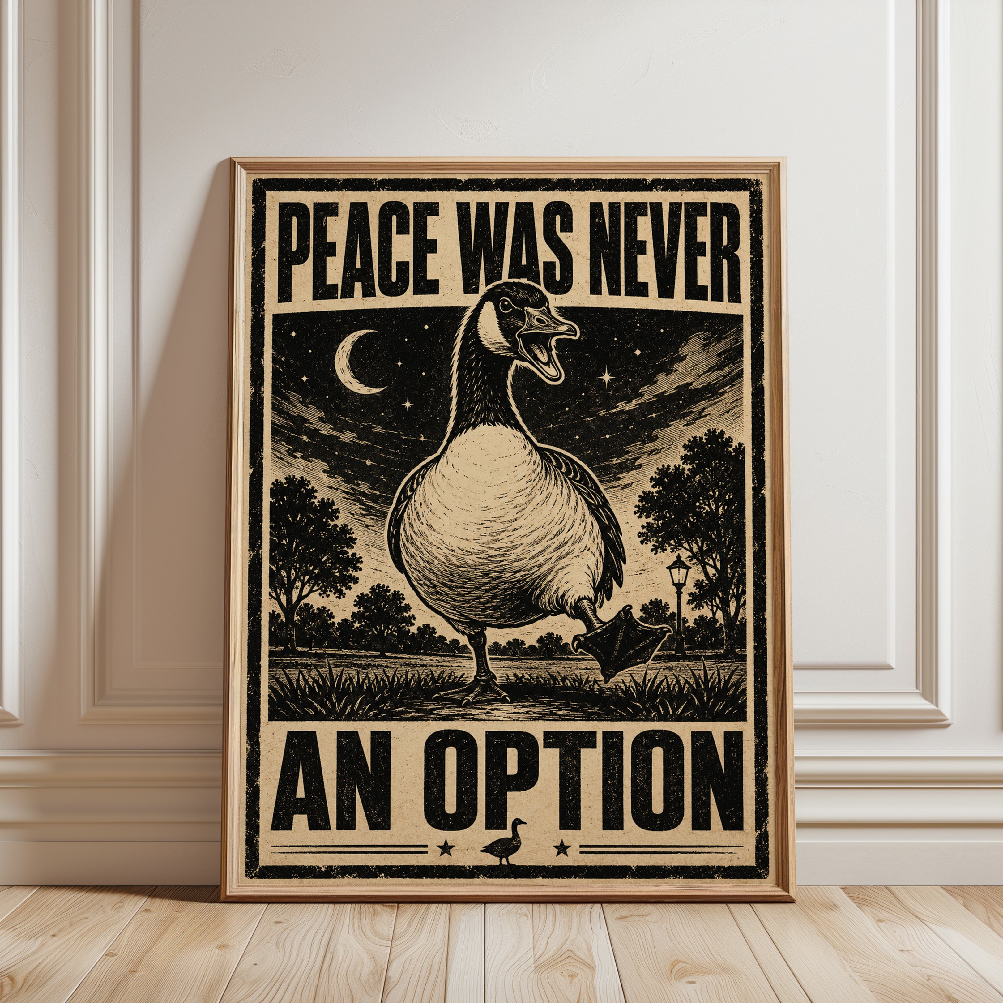 Goose Propaganda Print: Vintage 'Peace Was Never An Option' - framed detail