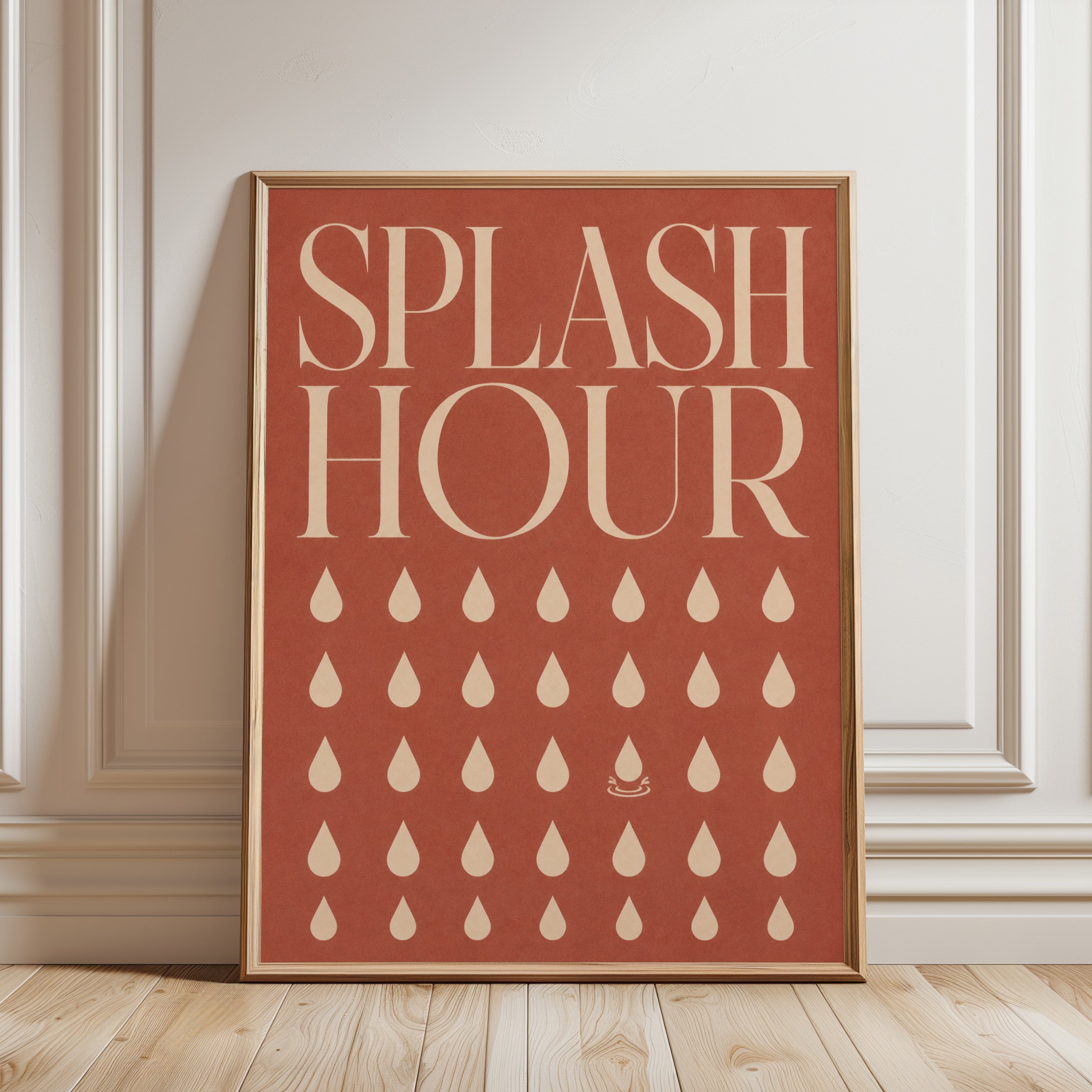 Retro Bathroom Wall Art: Splash Hour Typography on Terracotta - framed detail