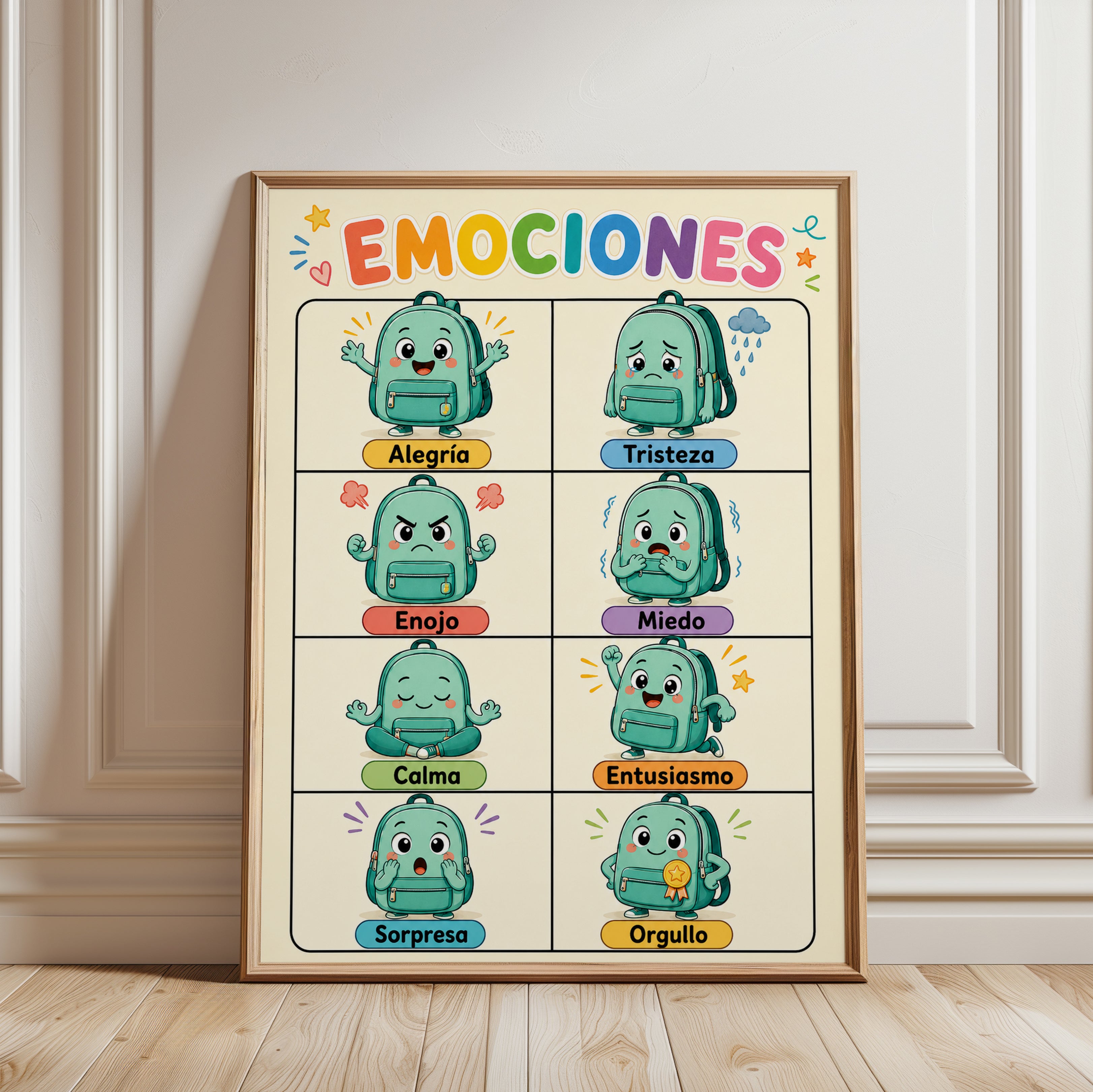 Spanish Emotions Chart Print: Colorful Kids Poster for Learning - framed detail