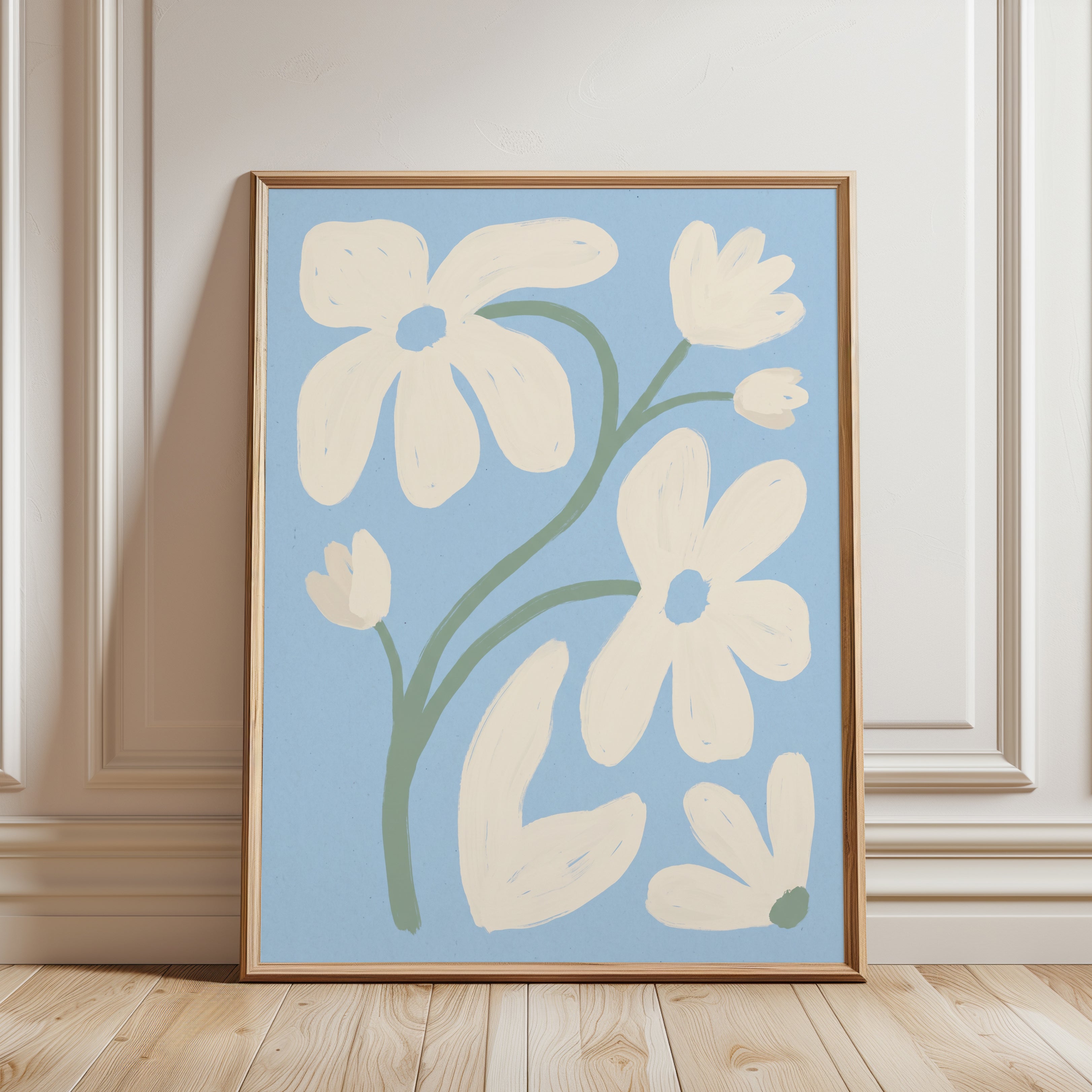 Abstract Flower Art Print: Blue Cream Botanical - framed detail