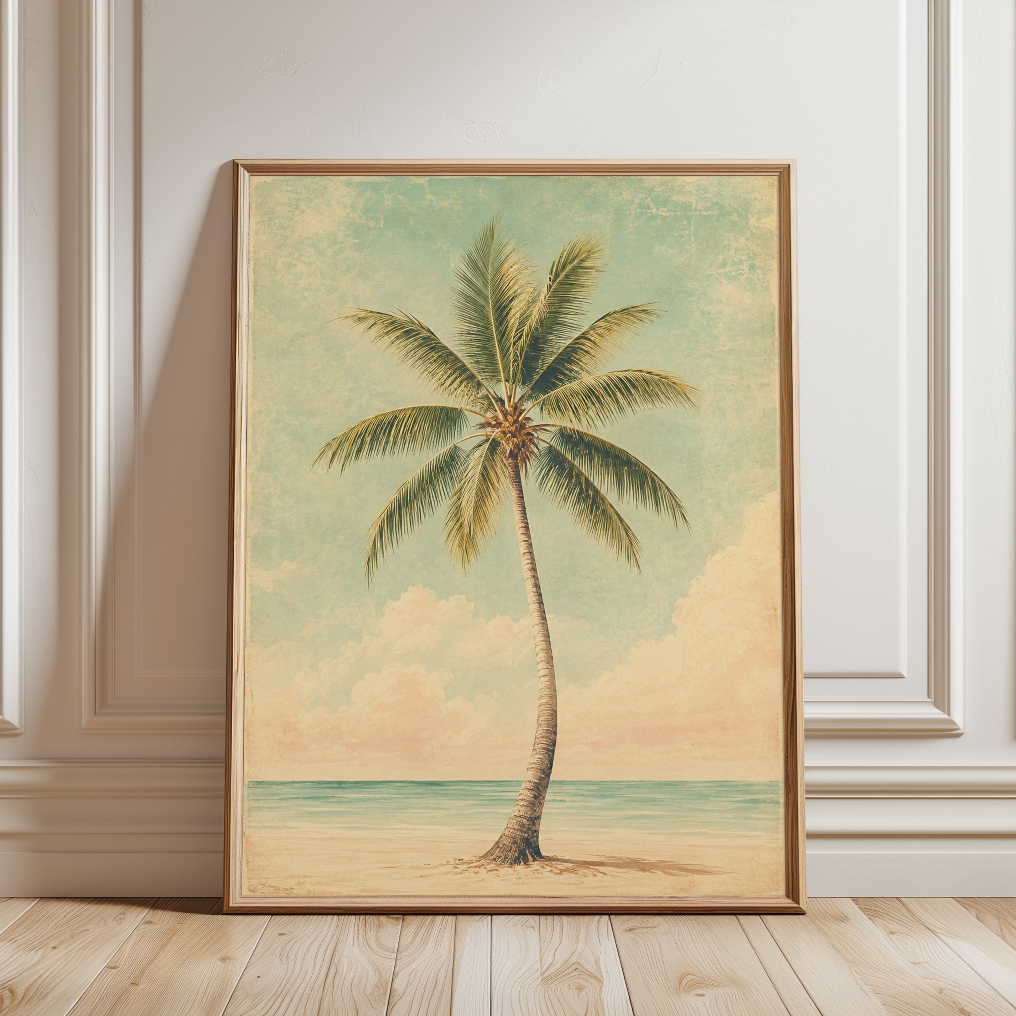 Vintage Palm Tree Print – Coastal Beach Wall Art - framed detail