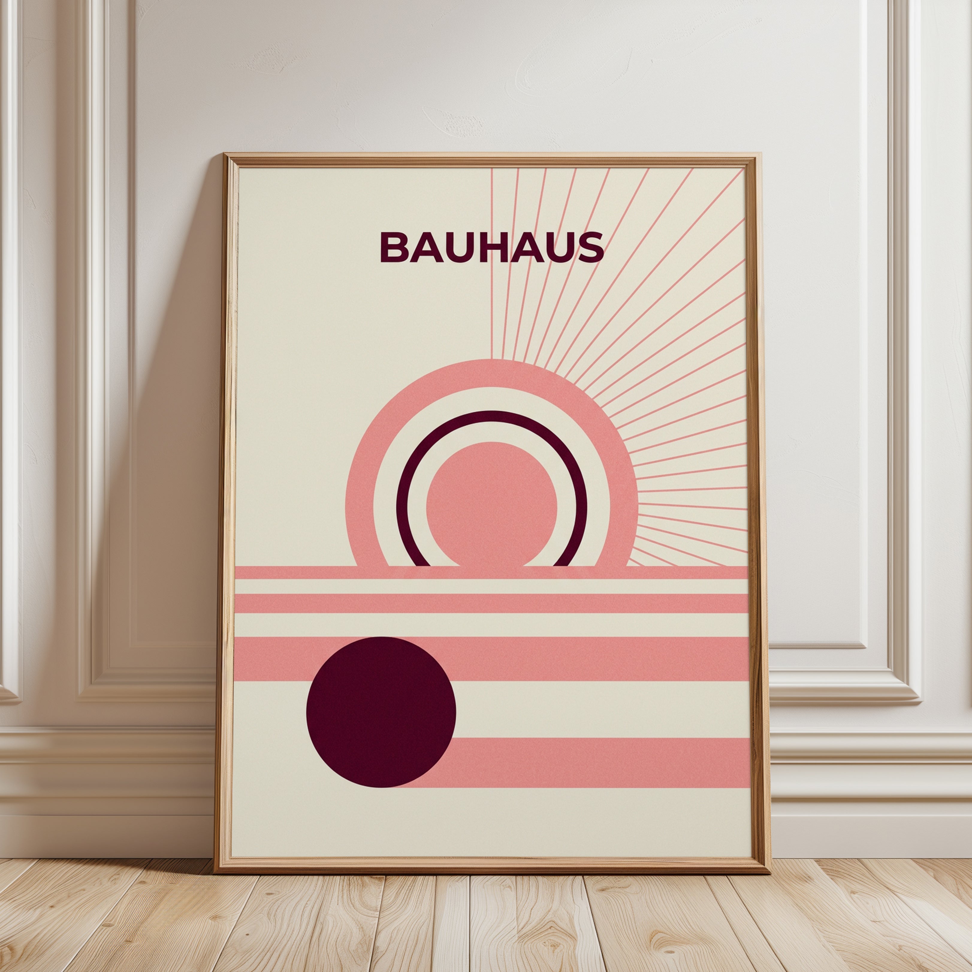 Bauhaus Geometric Print: Retro Circles & Lines in Pink and Burgundy - framed detail