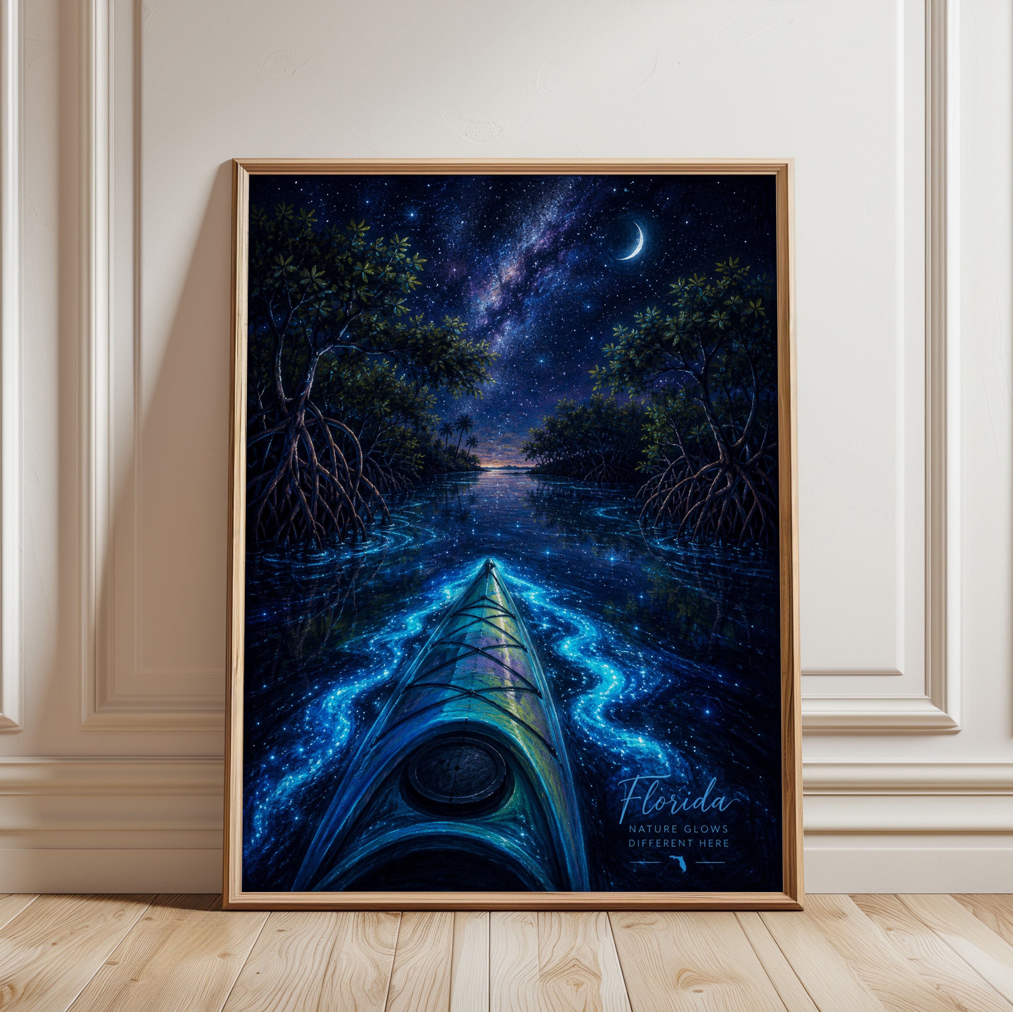 Kayak Night Sky Print – Starry Water Wall Art - framed detail