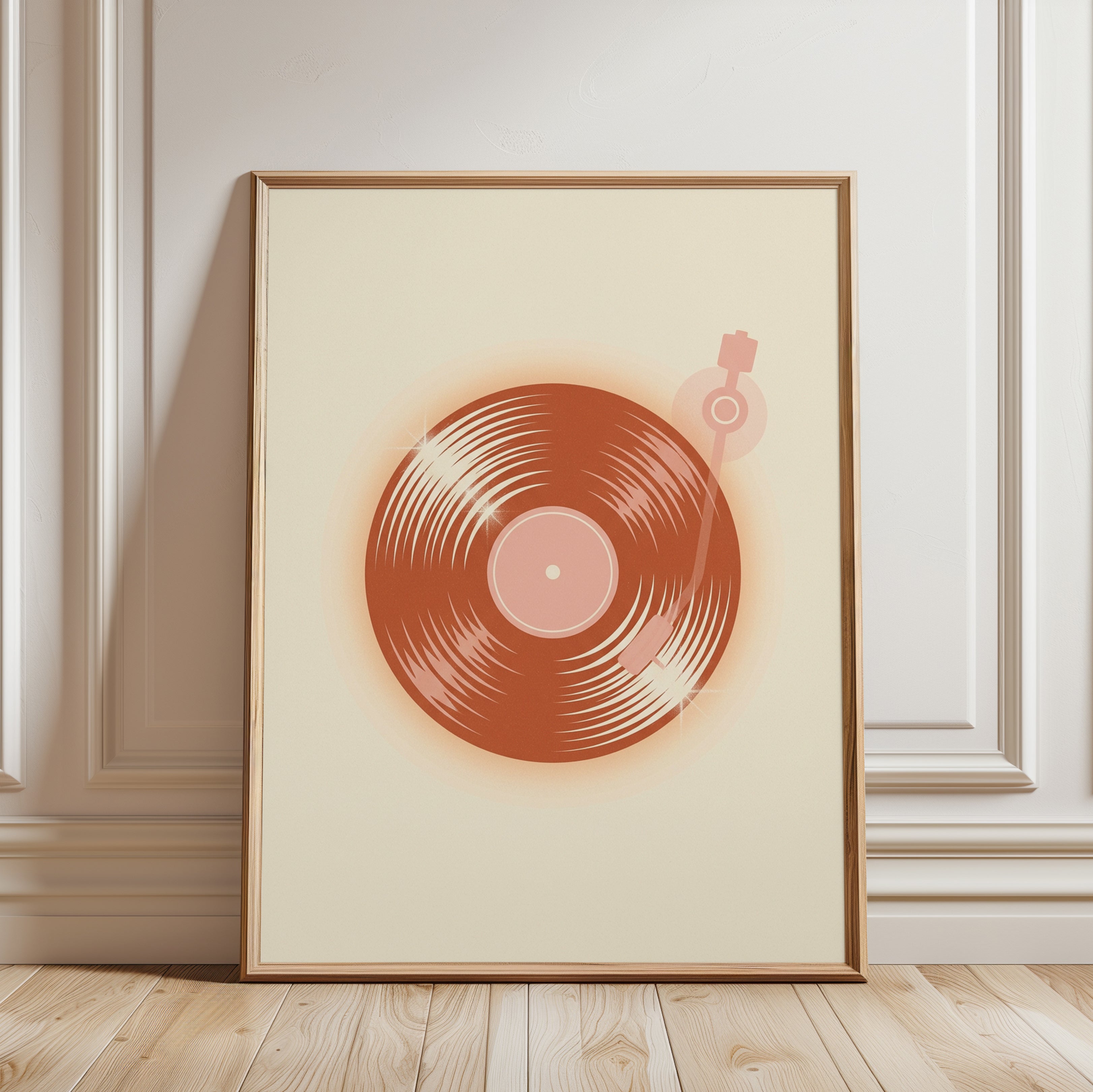 Vinyl Record Turntable Print — Retro Mid-Century Music Art - framed detail