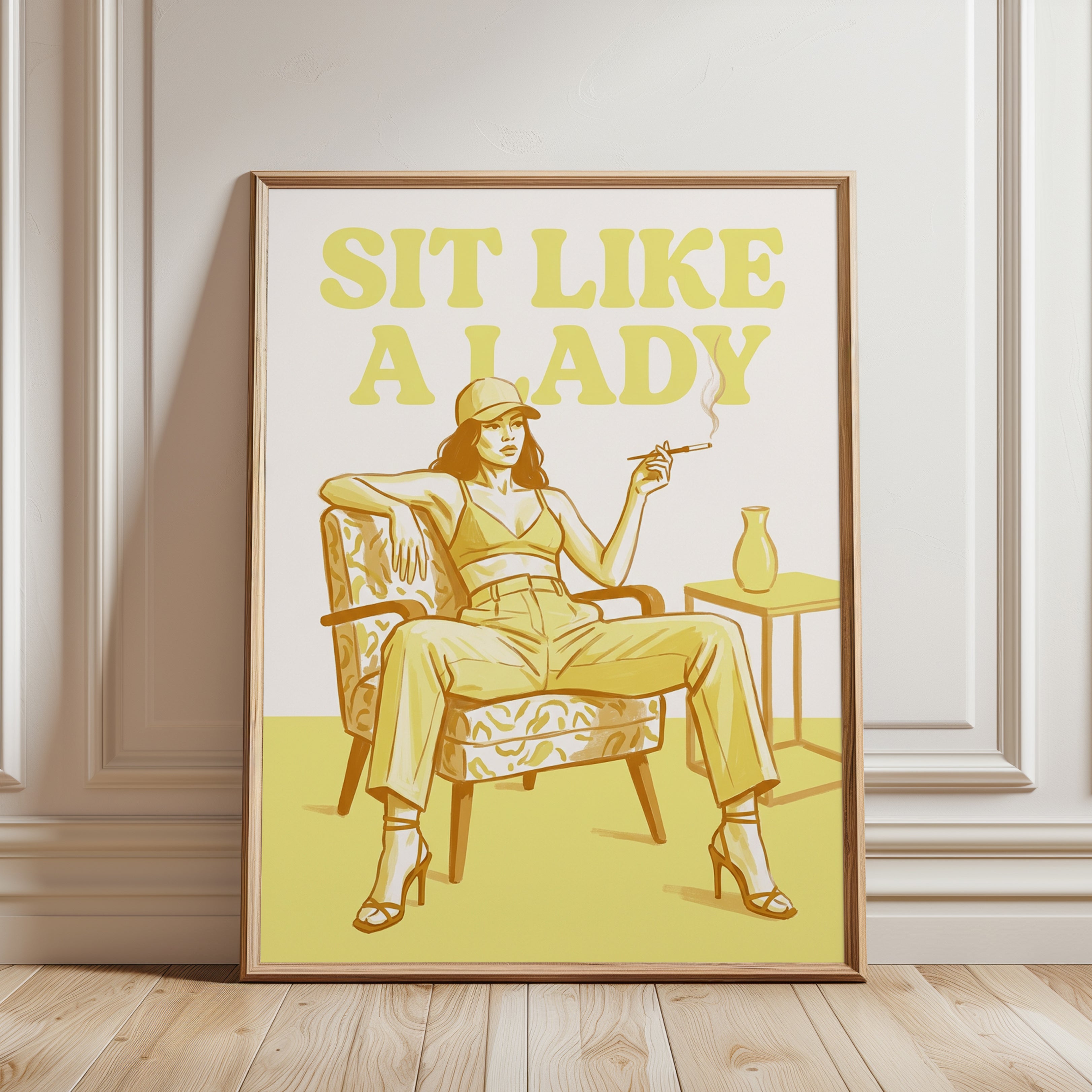 Sit Like a Lady Retro Wall Art: Vintage Yellow Fashion Poster - framed detail