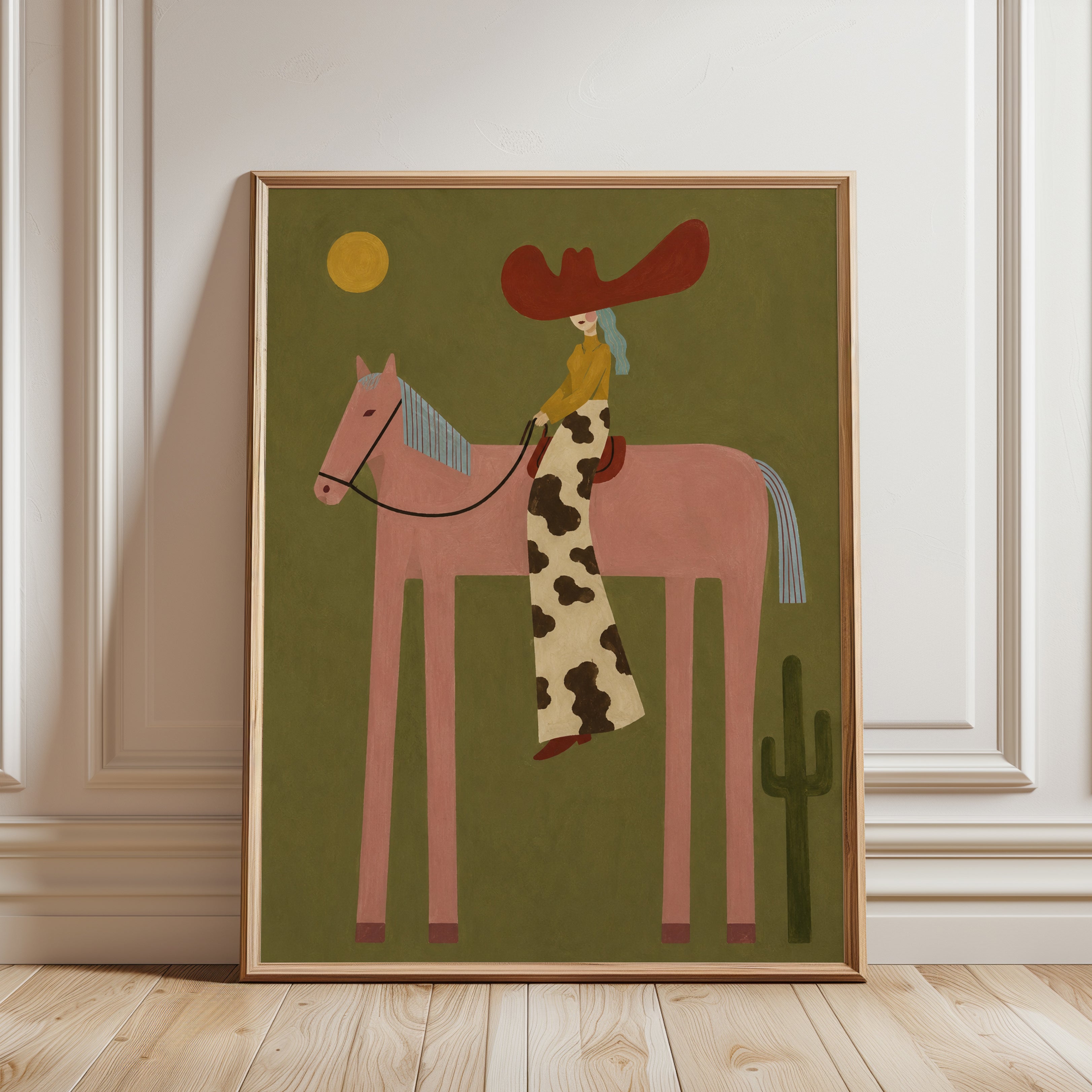 Western Folk Art Print – Cowboy Horse Wall Art - framed detail