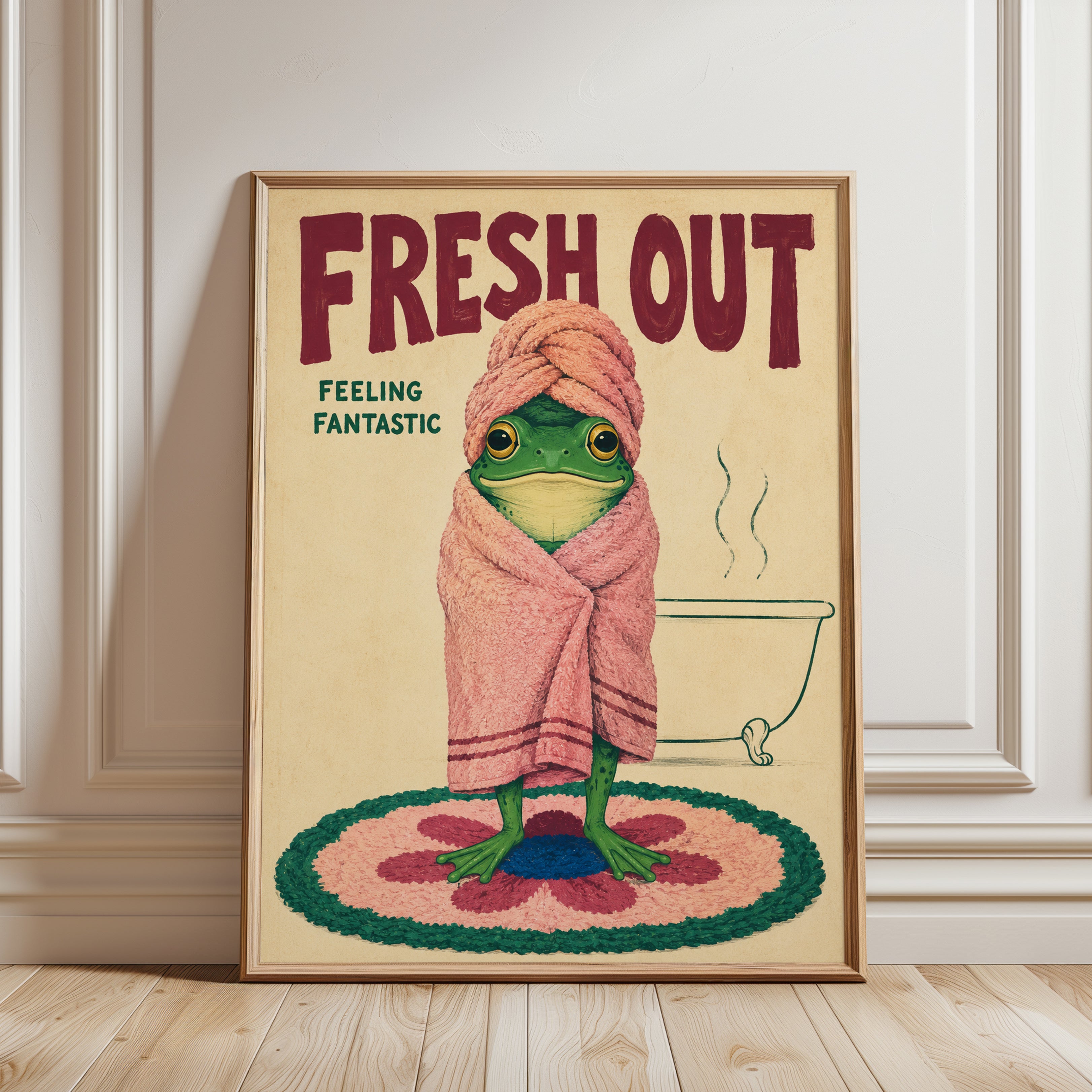 Funny Bathroom Wall Art – Frog Spa Print - framed detail