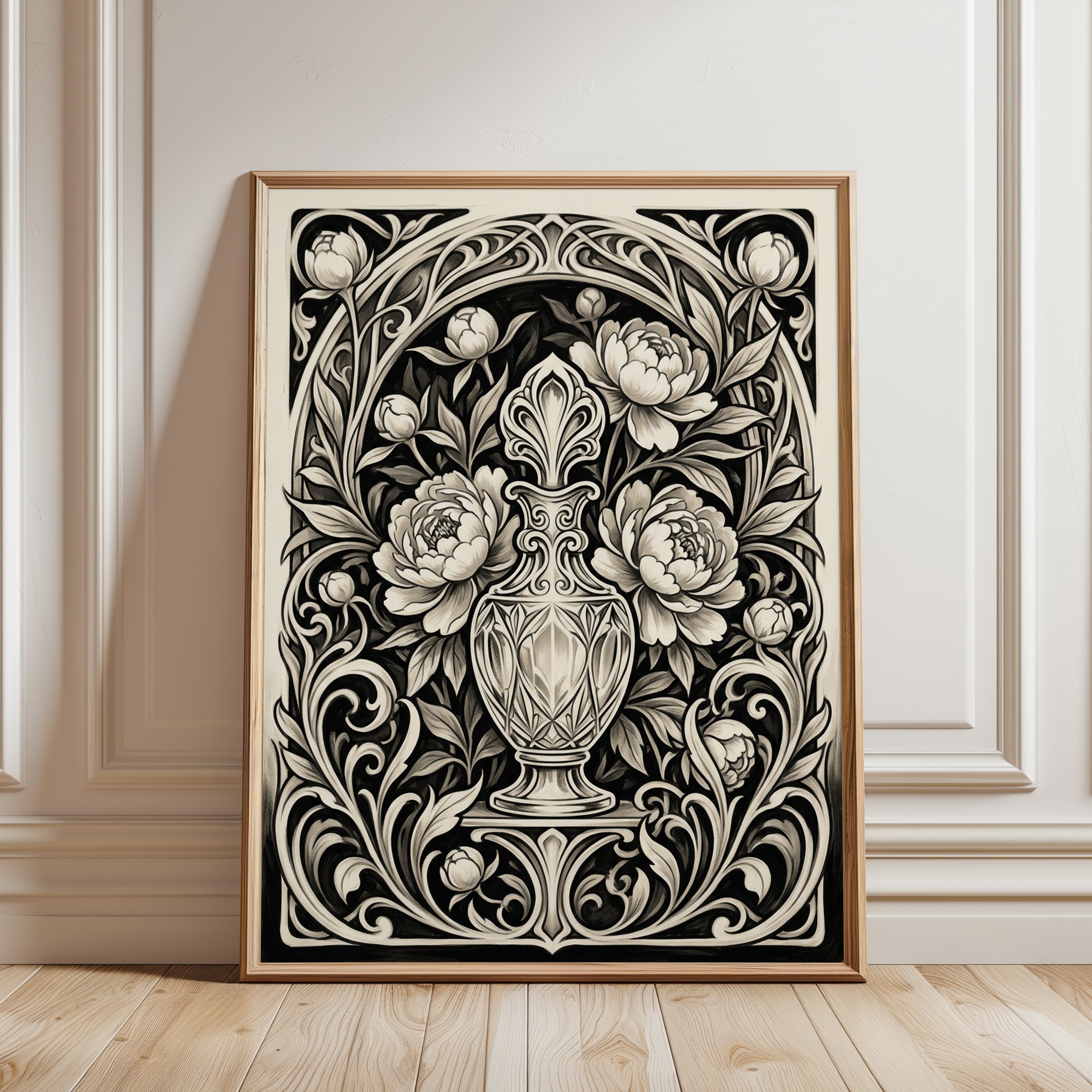 Art Nouveau Floral Vase Print – Ornate Botanical Urn - framed detail