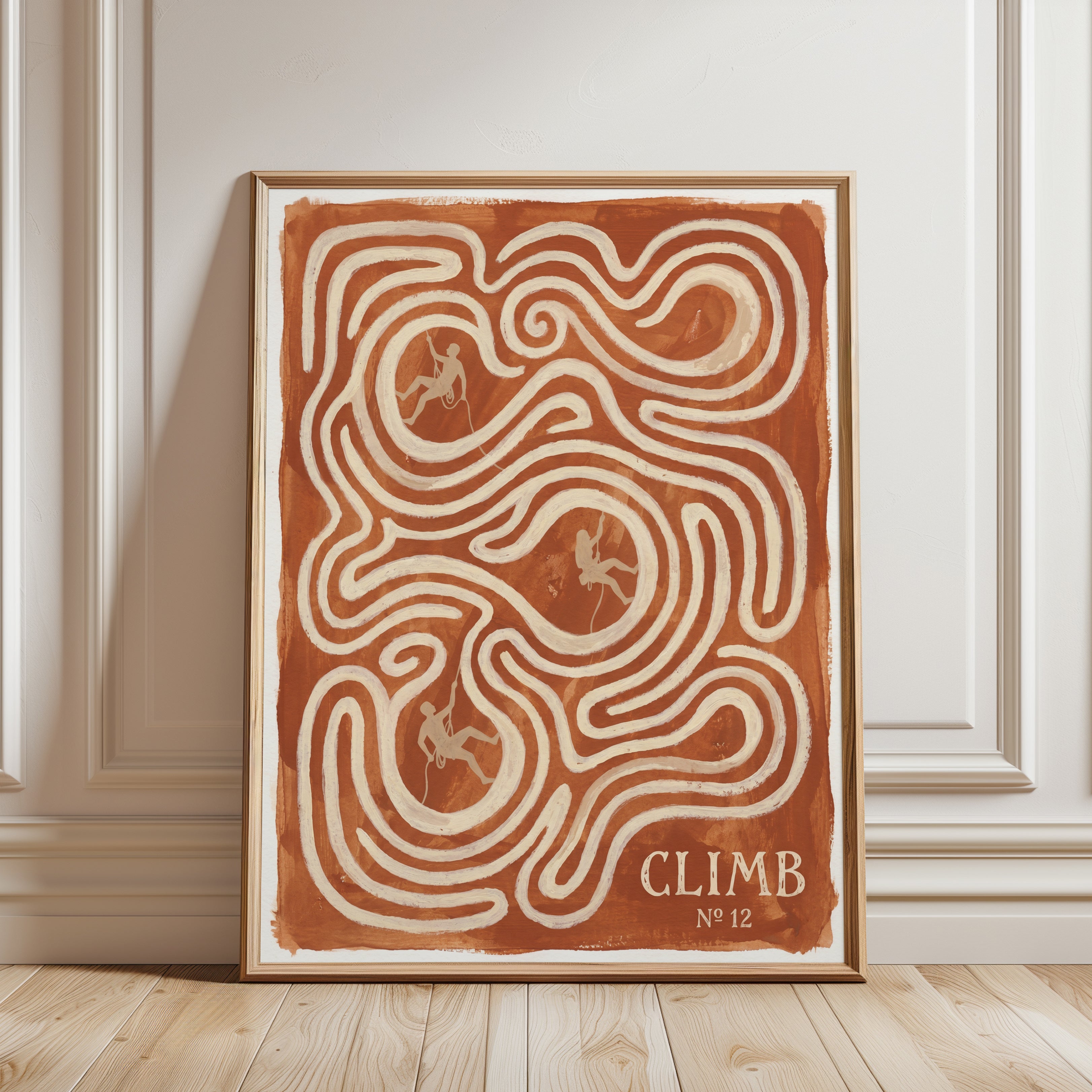 Climb Maze Art Print: Rust Orange Rock Climbing Wall Decor - framed detail