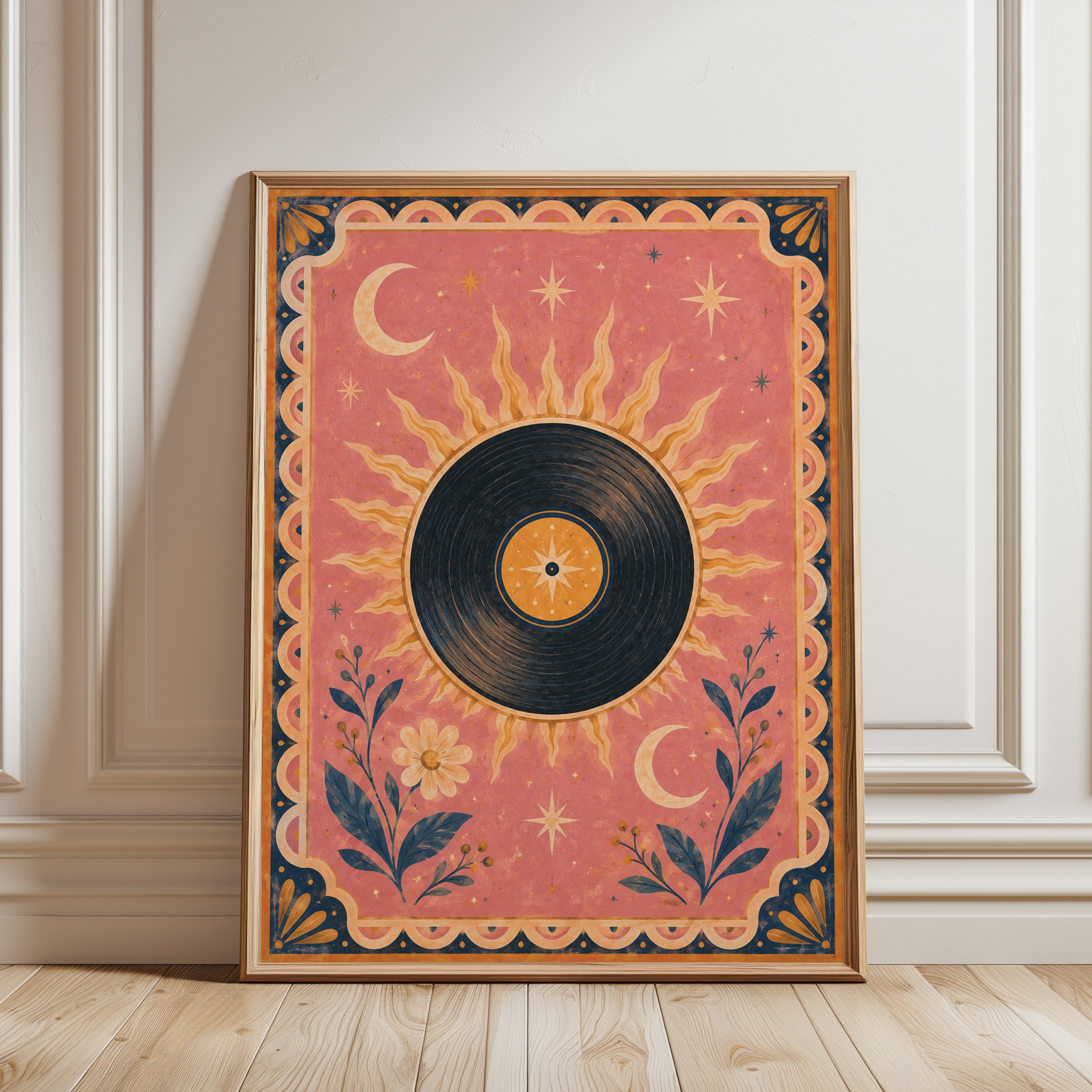 Vinyl Record Wall Art – Celestial Sun Moon Print - framed detail