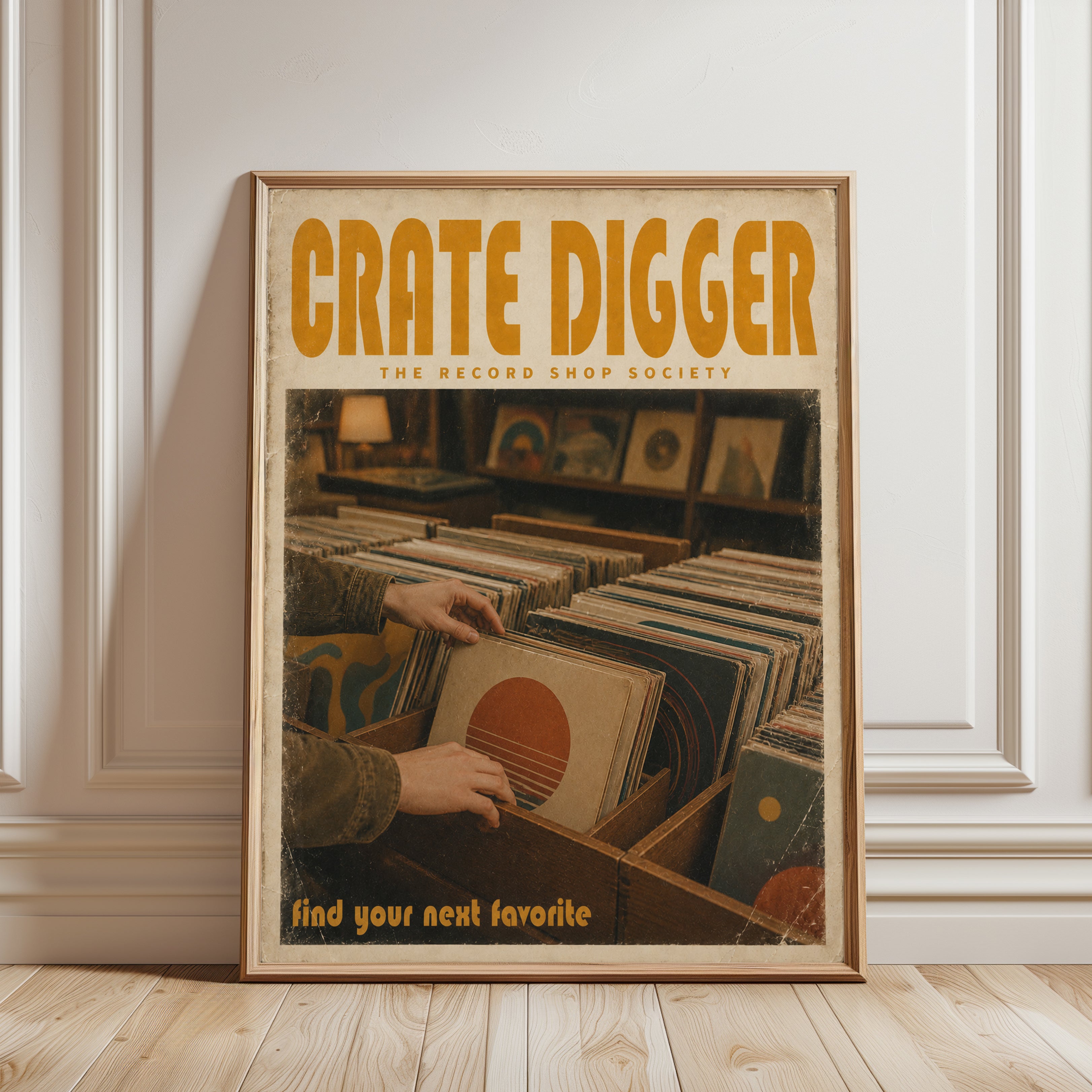 Vintage Record Shop Poster — Crate Digger Vinyl Art - framed detail