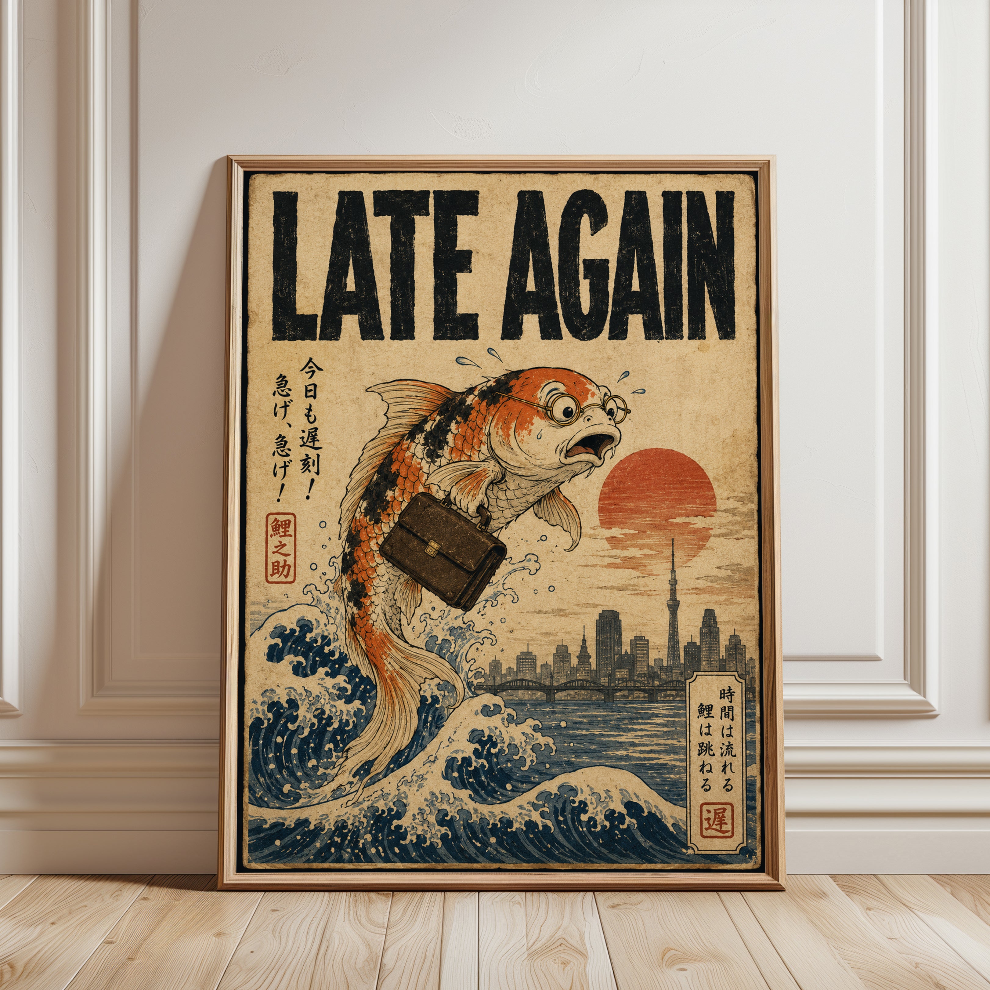 Late Again Koi Fish Print: Japanese Ukiyo-e Office Humor Art - framed detail