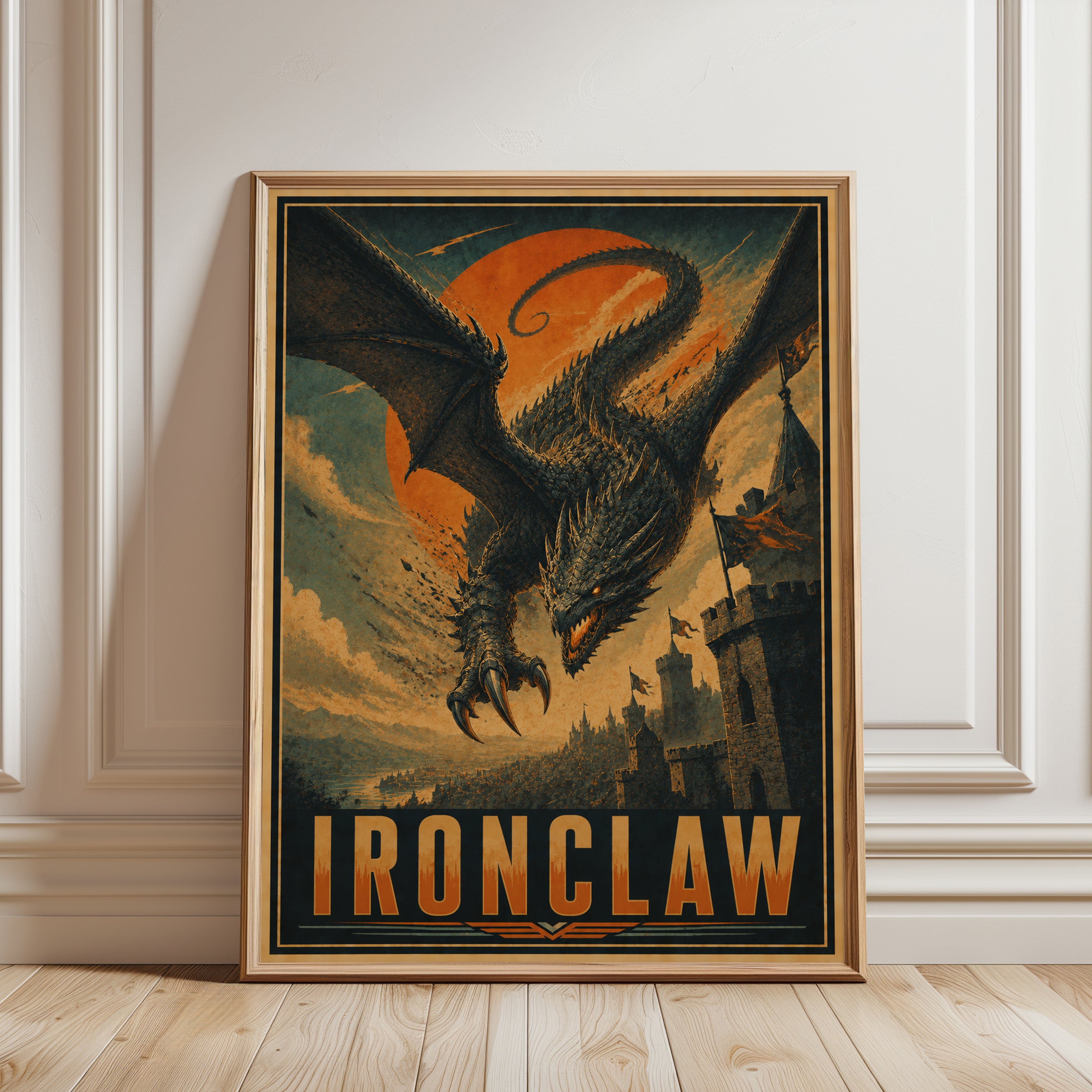 Vintage Dragon Castle Poster: Fantasy Art Deco Wall Art - framed detail