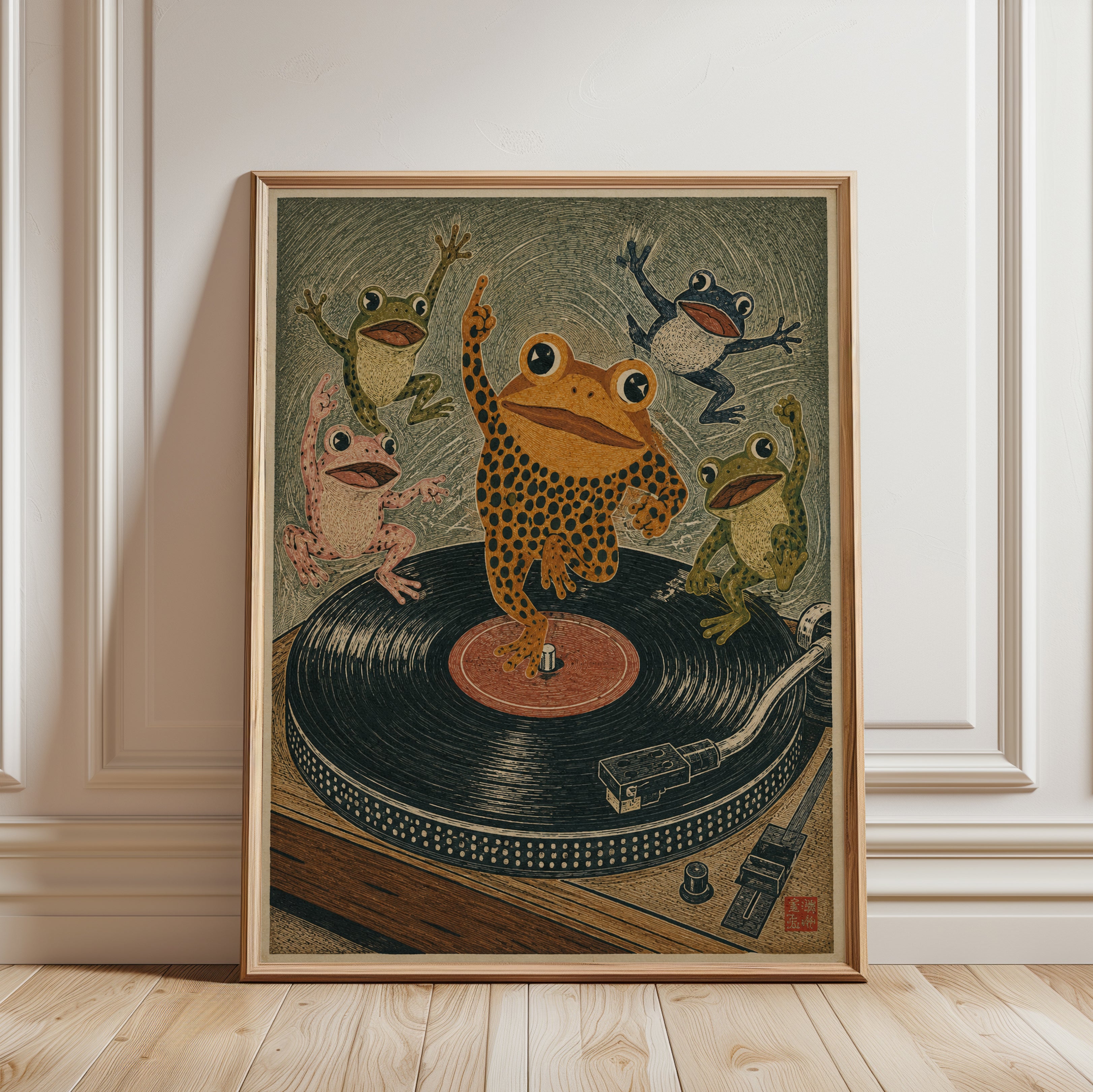 Frog Turntable Wall Art - framed detail